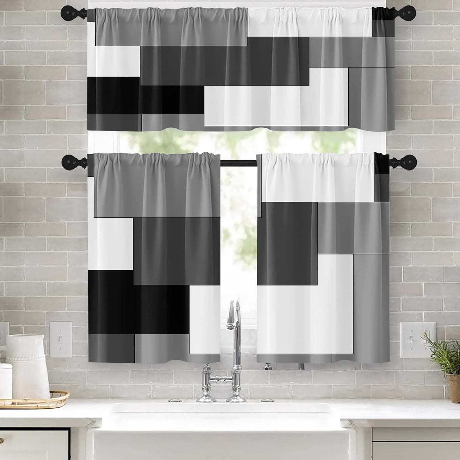 Tayney Black Grey Kitchen Curtains Dark Grey Window Curtains Valance and Tier Set of 3, White Modern Rod Pocket Short Tier Curtain for Bathroom, Abstract Small Cafe Curtains for Living Room Bedroom