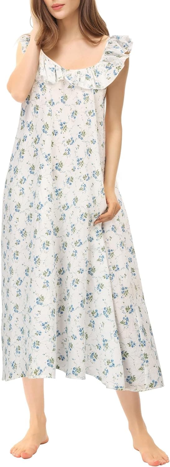 Zexxxy Women's Cotton Nightgowns Victorian Maxi Sleeveless Night Gown Cute Ruffle Spaghetti Straps Long Sleep Dress S-XXL