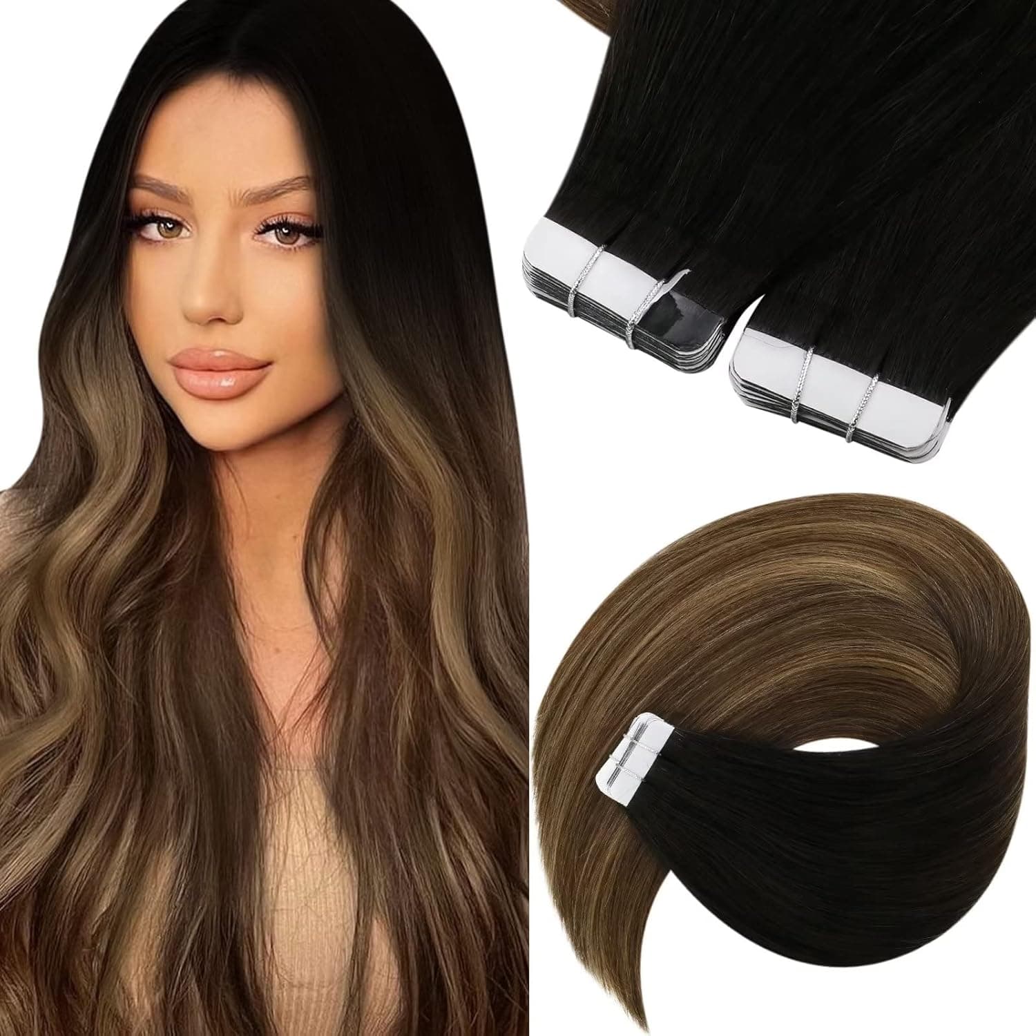 Sunny Tape in Hair Extensions Human Hair Black Ombre Hair Extensions Tape in Remy Hair #1B/4/27 Black Ombre Dark Brown Mix Caramel Blonde Hair Tape in Extensions Real Human Hair 12inch 40g 20pcs