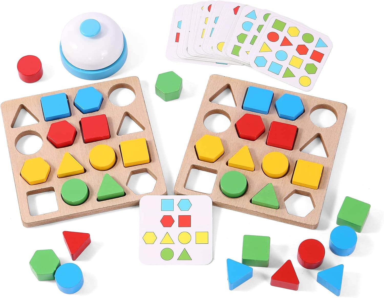 Wooden Puzzles Shape Color Matching Board Games Preschool Educational Montessori Toys for Kids 3 4 5 6 Years Old Boys Girls Brain Teaser Puzzles Logic Game with Bell Cards