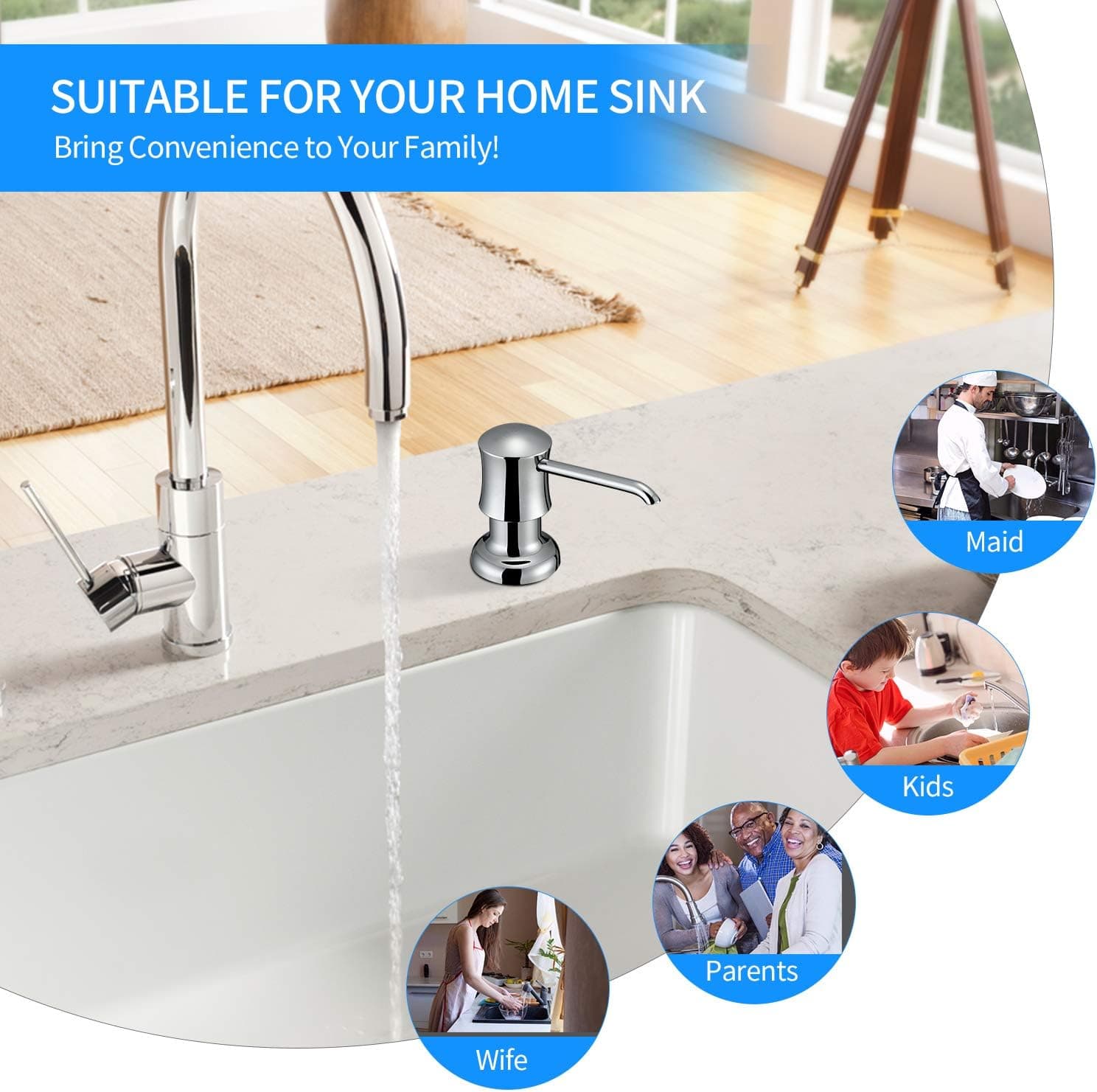 SVAVO Soap Dispenser for Kitchen Sink, Stainless Steel Sink Soap Dispenser Pump, Refill from the Top, Kitchen Soap Dispenser with Liquid Soap Bottle, for Sink Countertop Install (Chrome)