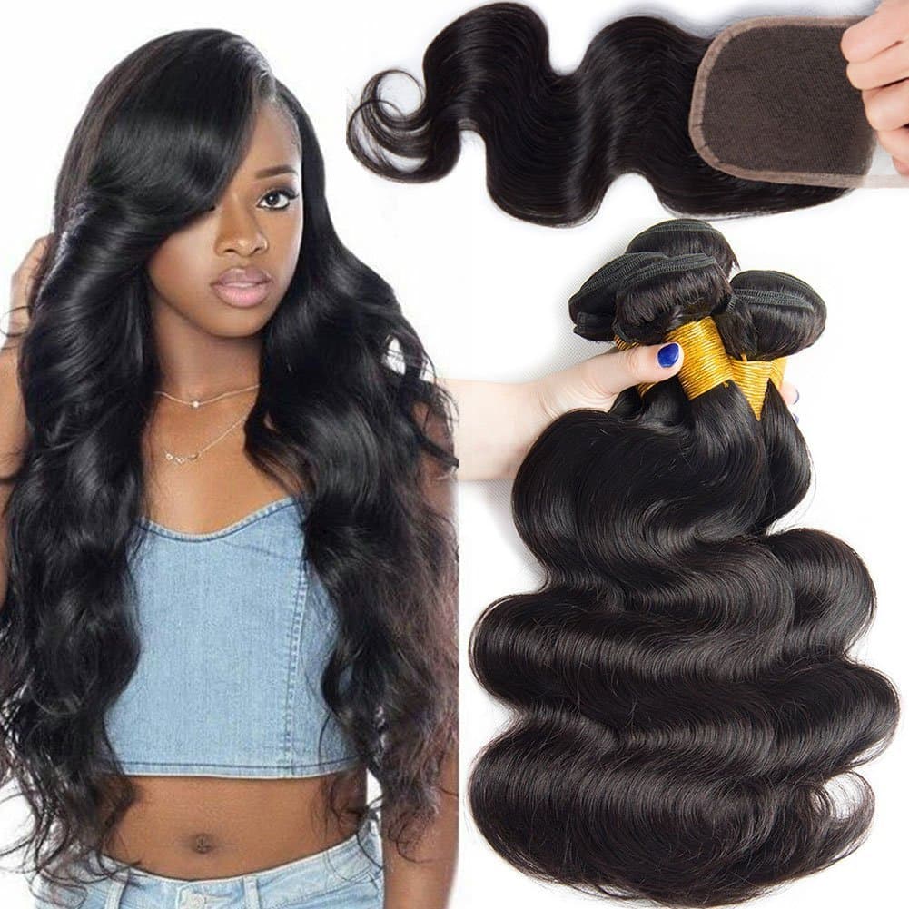 Ali Moda 8A Brazilian Virgin Hair 3 Bundles With Closure Unprocessed 100% Human Hair Bundles With Lace Closure 4x4inch Free Part Brazilian Body Wave Natural Color 14 16 18 and 12inch