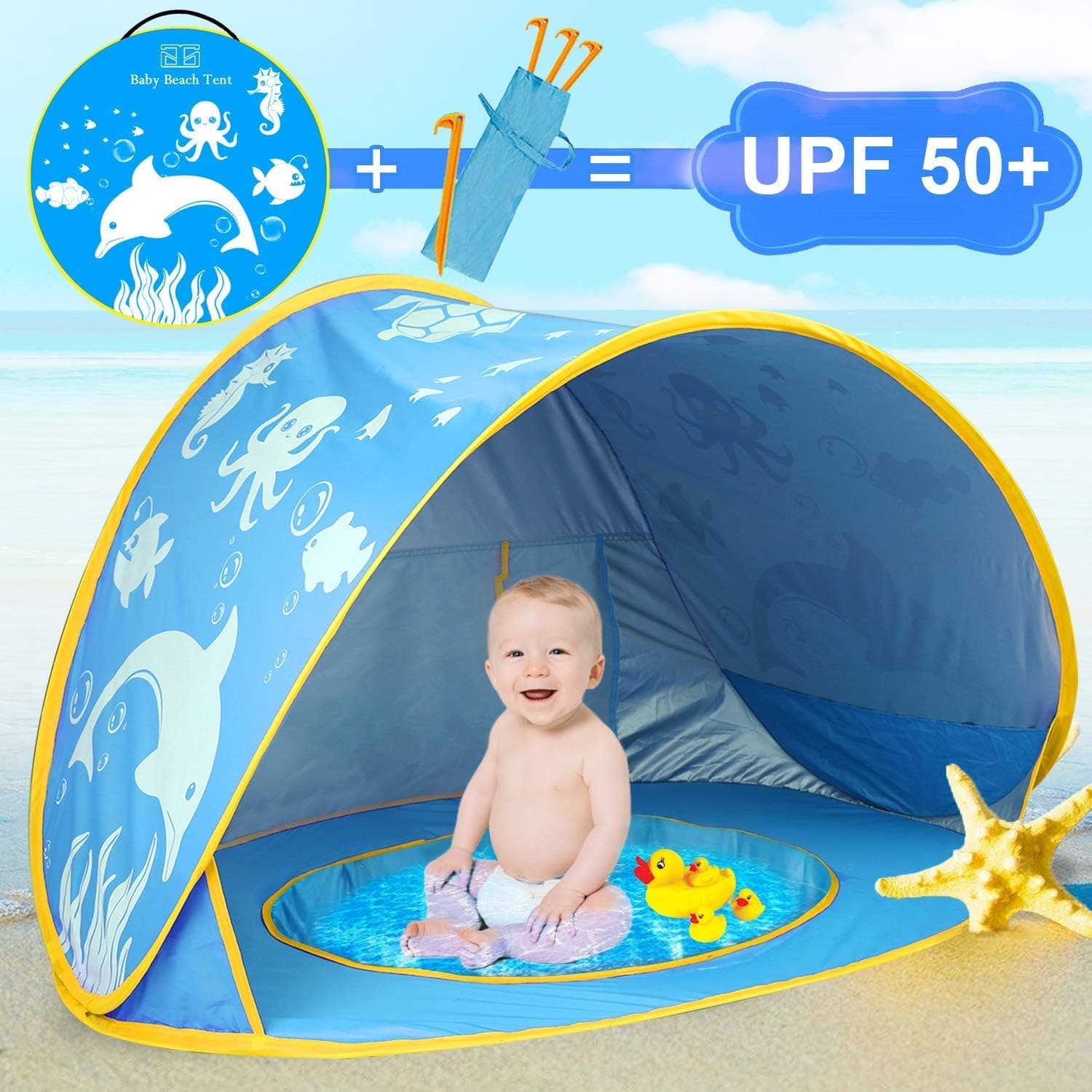 iGeeKid Baby Beach Tent Dolphin Pop Up Portable Sun Shelter Tent with Pool Children's Beach Tent 50+ UV Protection & Waterproof Shade Baby Pool Tent for Aged 3-48 Months