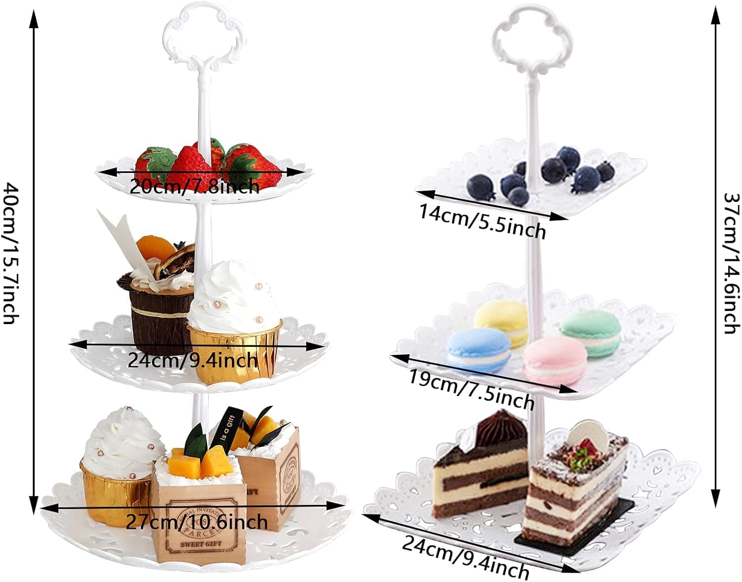 2 Set of 3-Tier Plastic Cupcake Stand Dessert Plates Mini Cakes Fruit Candy Display Tower White for Kids Birthday Tea Party Baby Shower Serving Tray Small