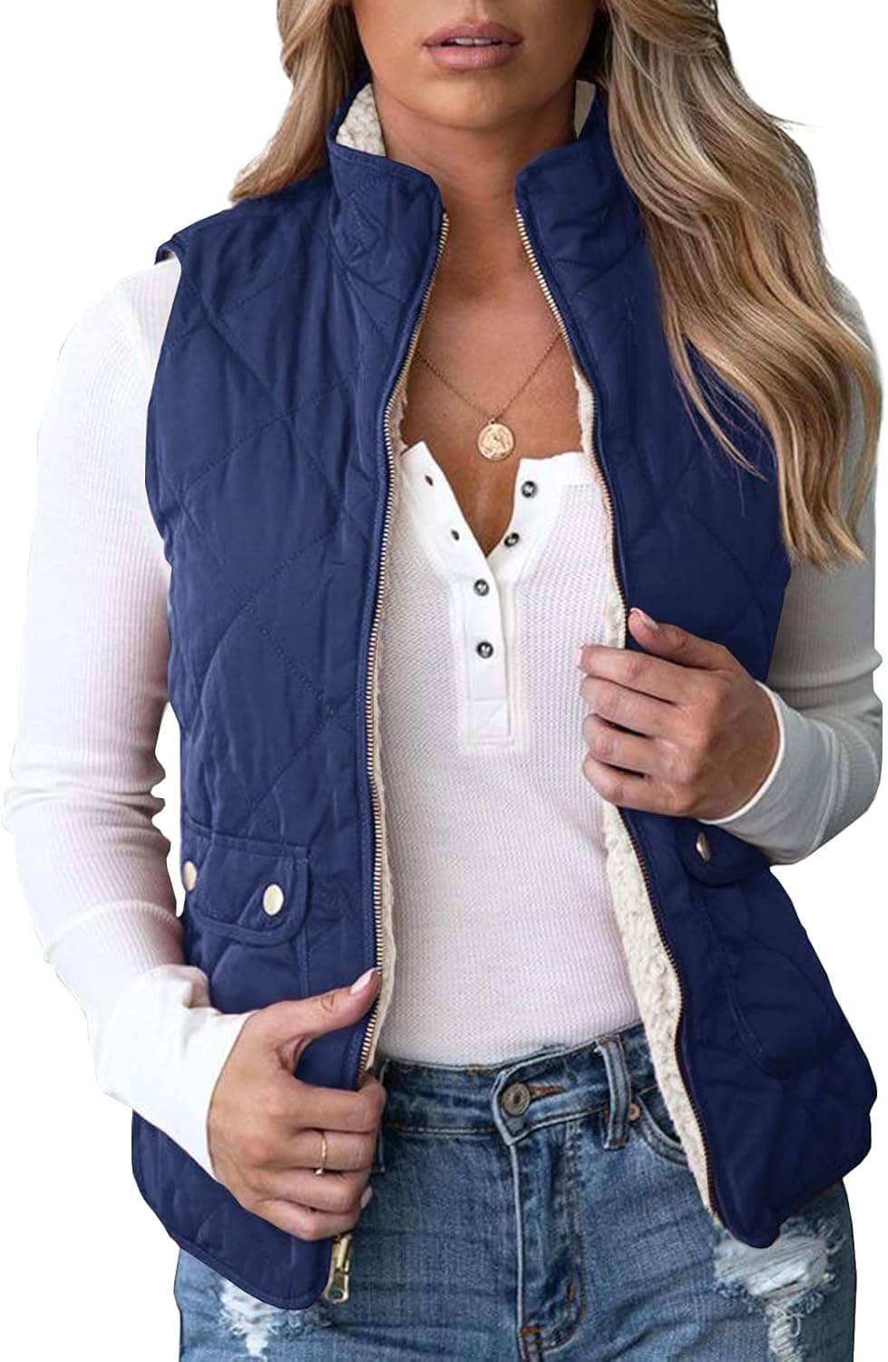 Valphsio Womens' Reversible Vest Lightweight Quilted Sherpa Fleece Vest Sleeveless Coat