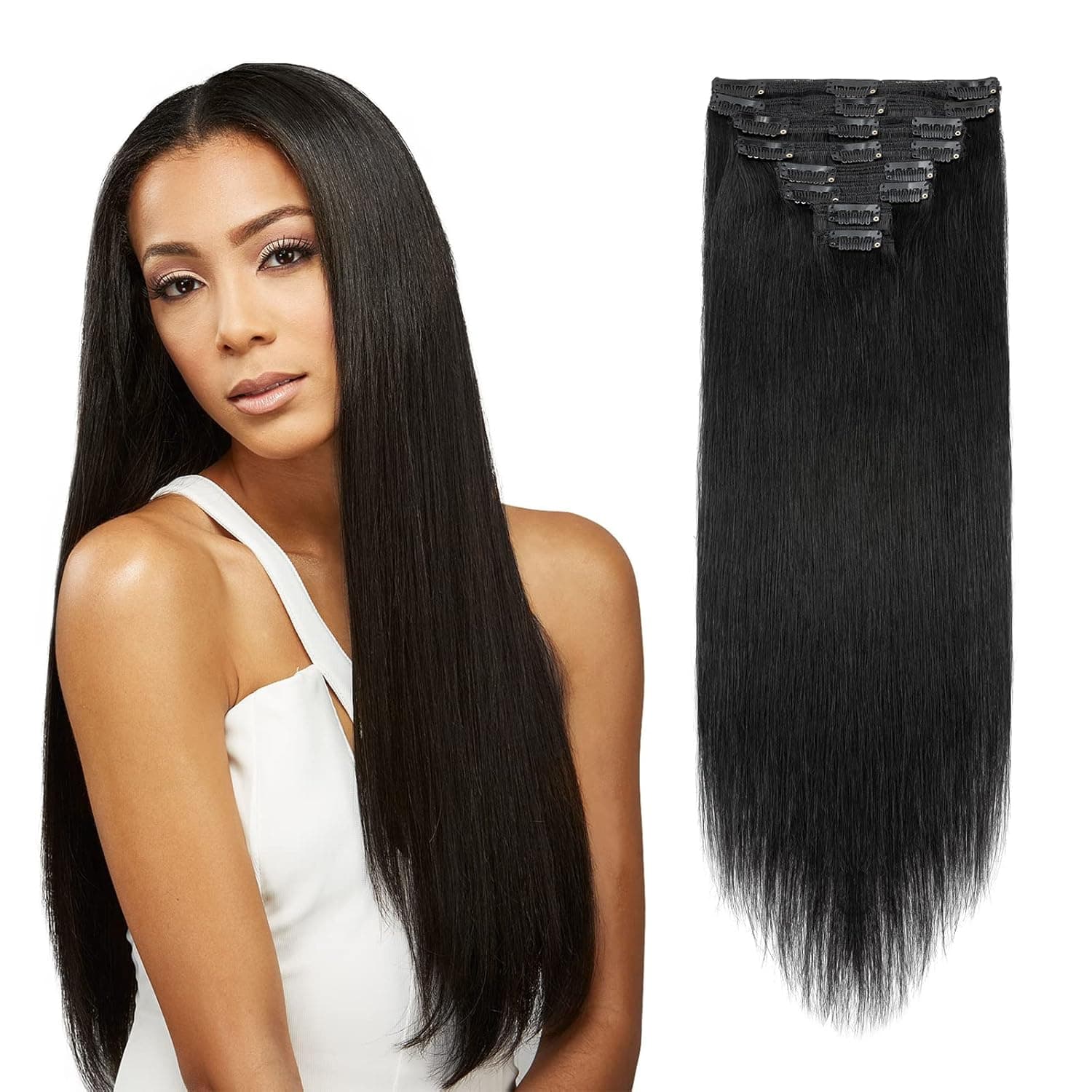 MY-LADY Double Weft Clip in 100% Remy Human Hair Extensions #1 Jet Black 10''-22'' Grade 7A Quality Full Head Thick Thickened Long Soft Silky Straight 8pcs 18clips for Women Fashion 18" / 18 inch 140g