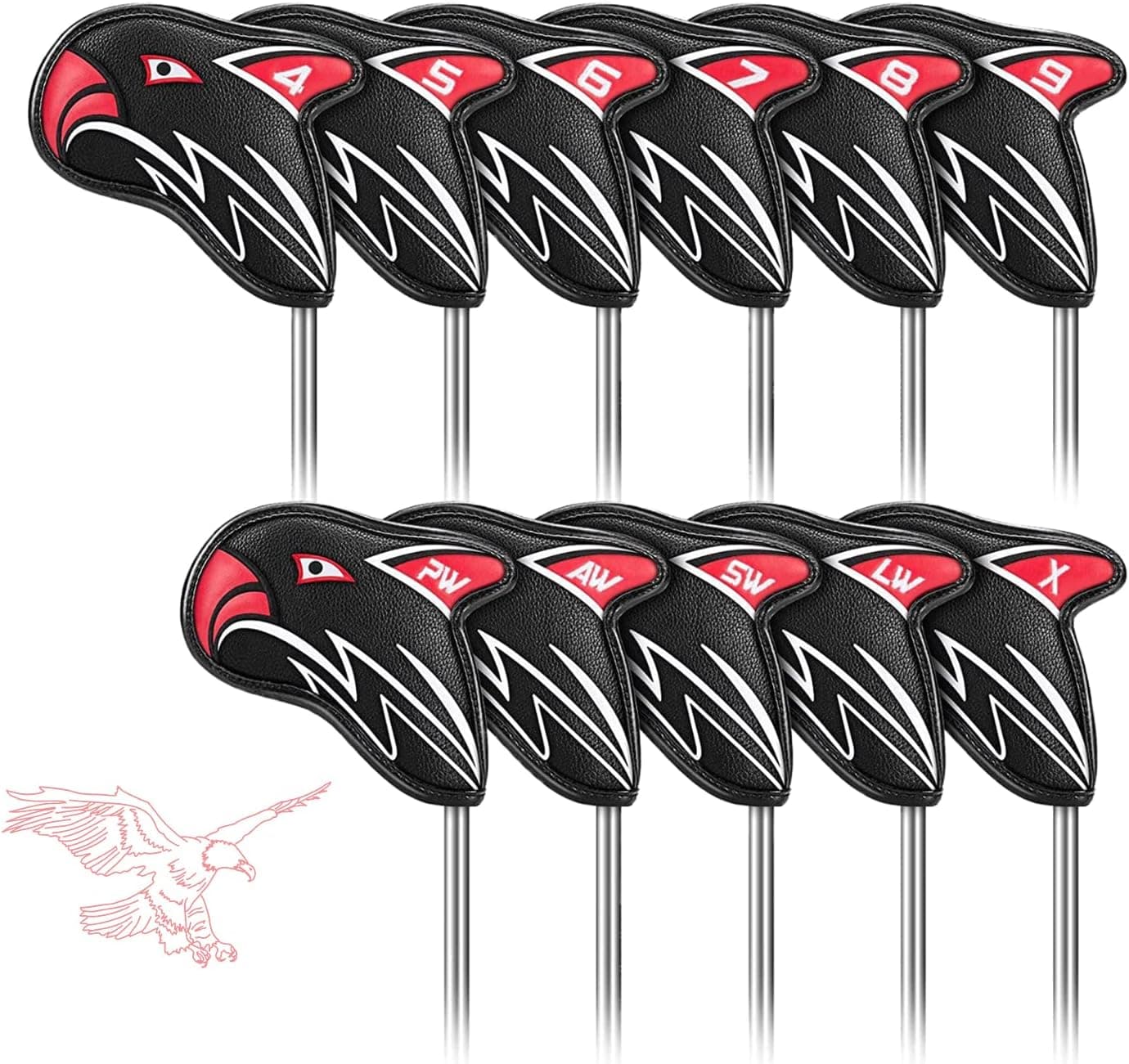 Golf Iron Head Covers 11pcs Thicken Eagle PU Leather Soft Black Embroideried Edging Closely Protector Right Handed Waterproof Durable Fit Most Clubs Wedge (4-9 Pw Aw Sw Lw X) Number
