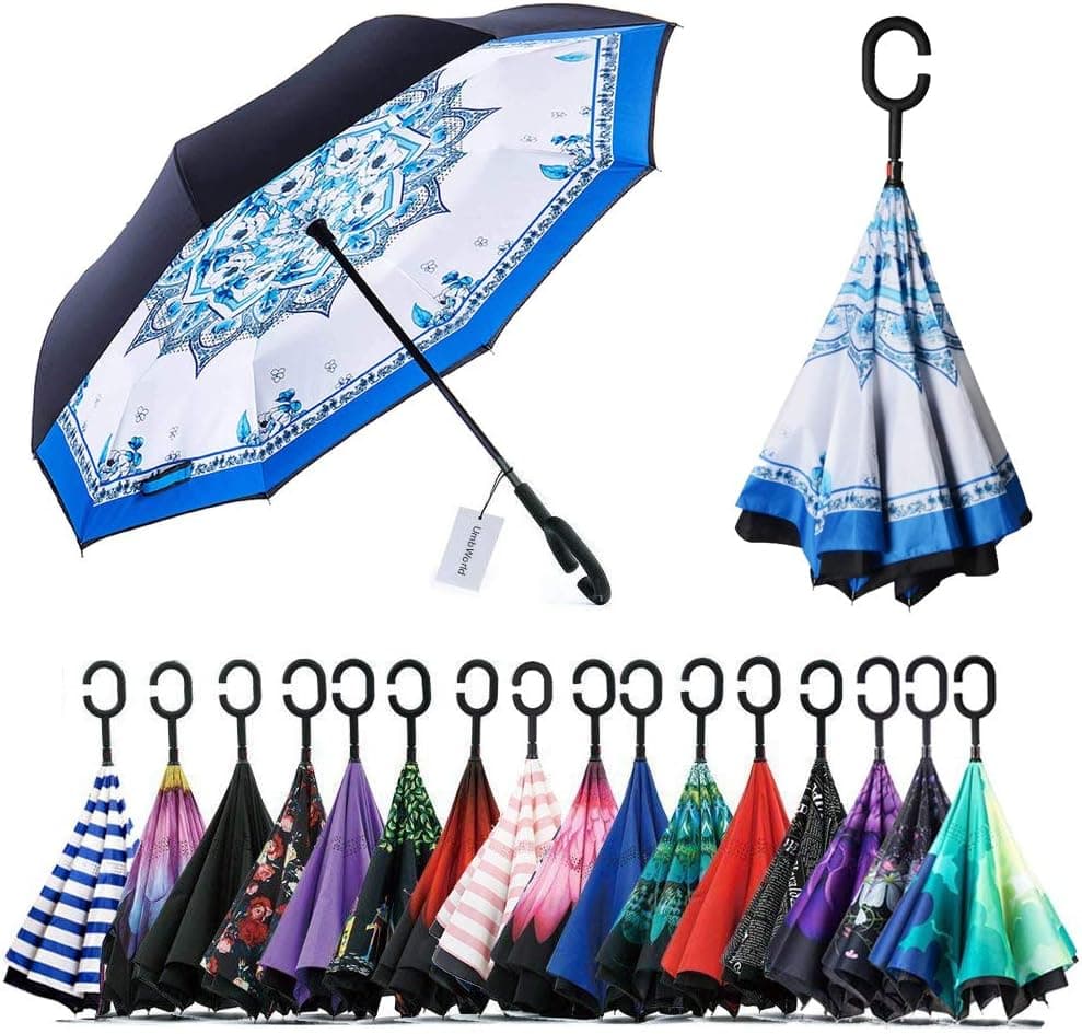 UmbWorld Inverted Umbrella, Double Layer Upside Down Reverse Umbrella for Car and Outdoor, with UV Protection, and C-Shaped Handle Big Straight Umbrella (Blue and White Porcelain)