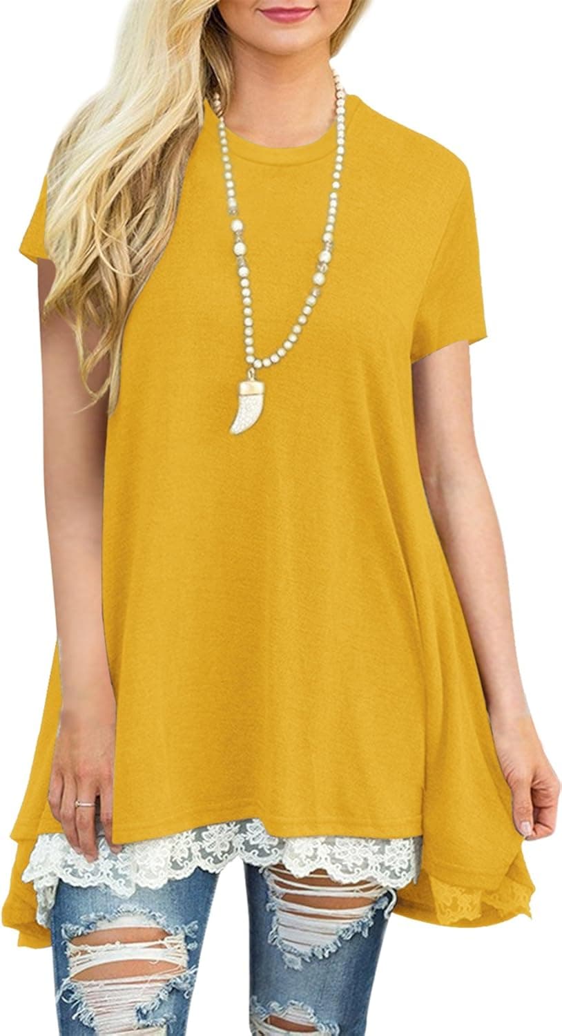 Womens Plus Size Short Sleeve A-Line Flowy Tunic Tops Lace Trim Shirt Blouse X-Large Yellow