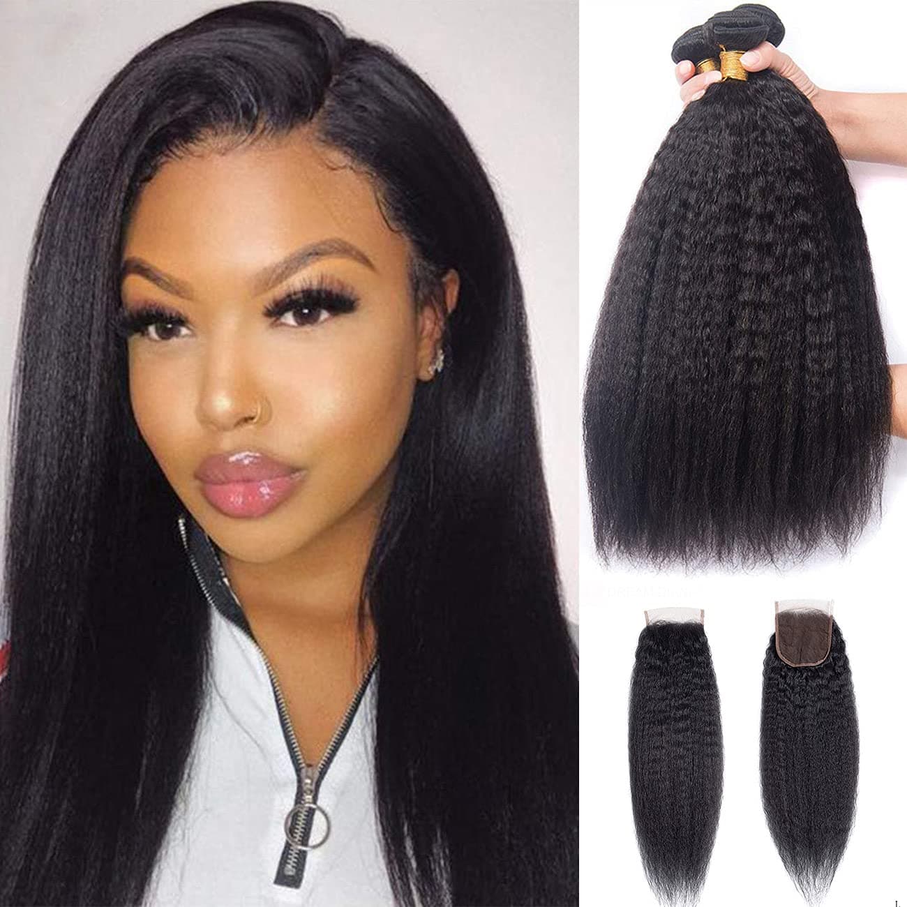 Human Hair Bundles With Closure Kinky Straight Brazilian Hair Bundles and Closure 100Percent Unprocessed Yaki Virgin Human Hair Bundles With Closure , 1b kinky straight, 20 22 24+18