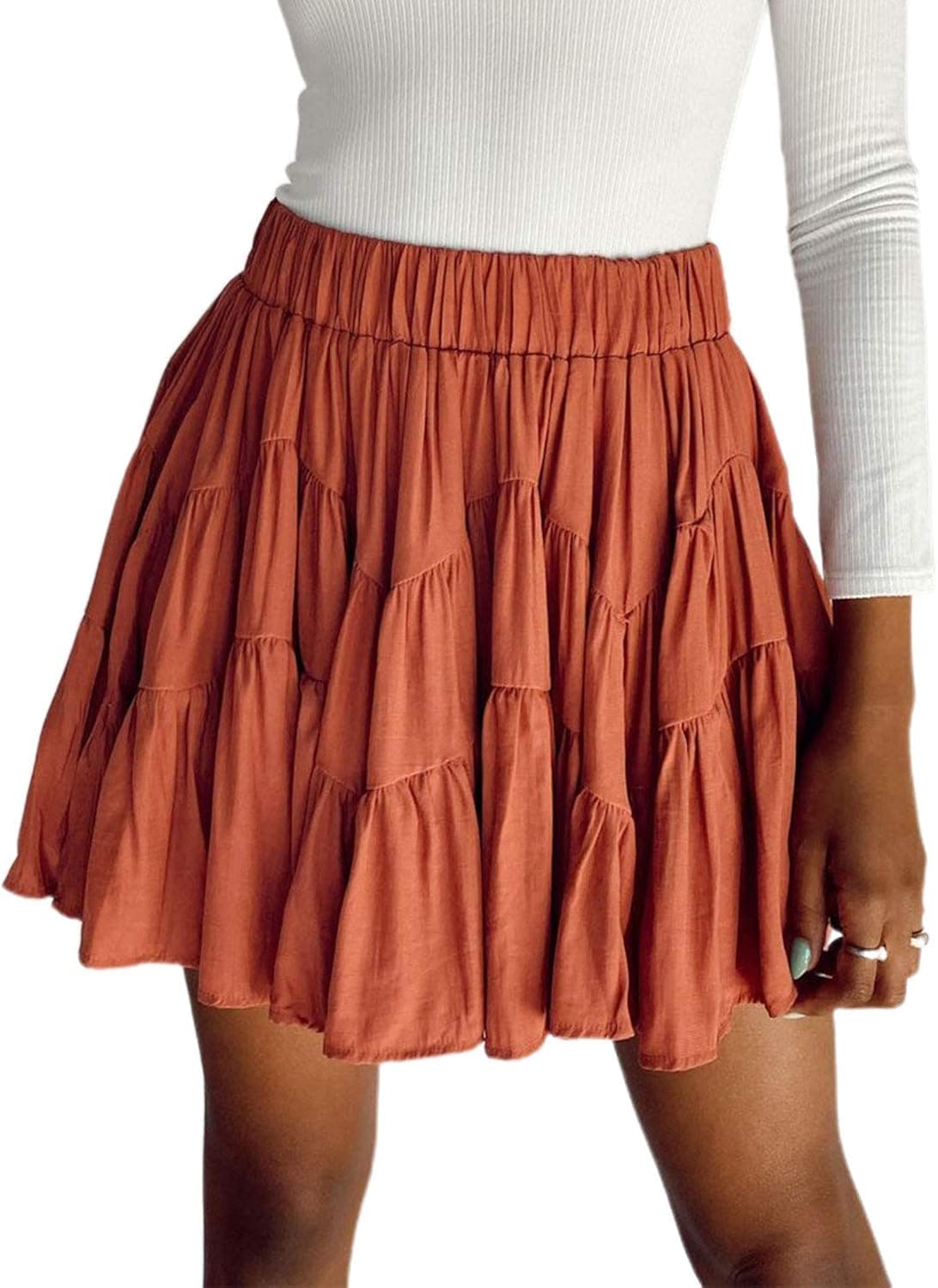 Envemour Women's Summer Flared Short Swing Skirt Ruffle Cute Solid Color Mini Skirt