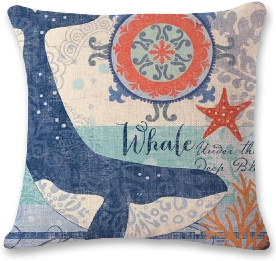 oFloral Whale Pillow Case Sea Theme Throw Pillow Cover Cotton Linen Square Cushion Cover for Home Sofa Bedroom Living Room Decorative 18"X18" Blue Orange