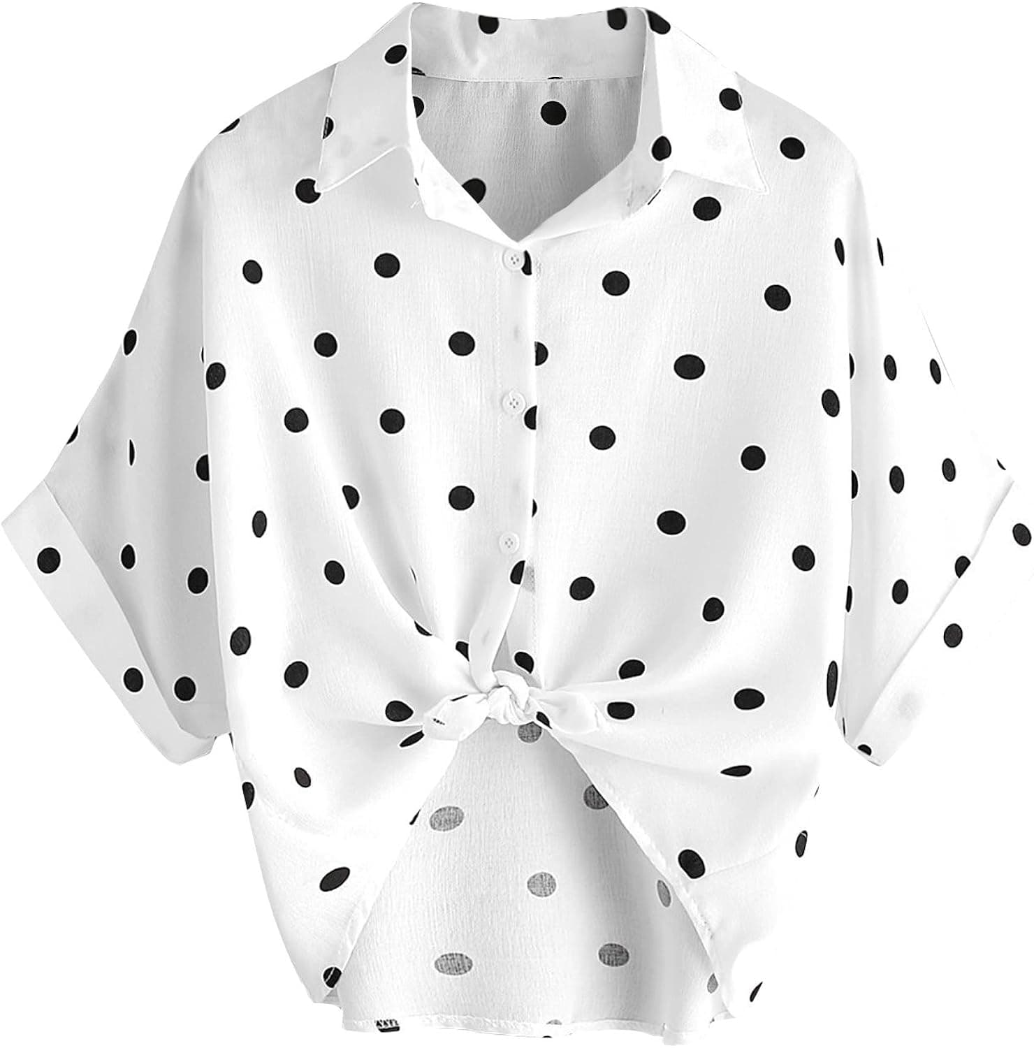 MakeMeChic Women's Collar Button Down Shirt Summer Knot Front Blouse Polka Dot M