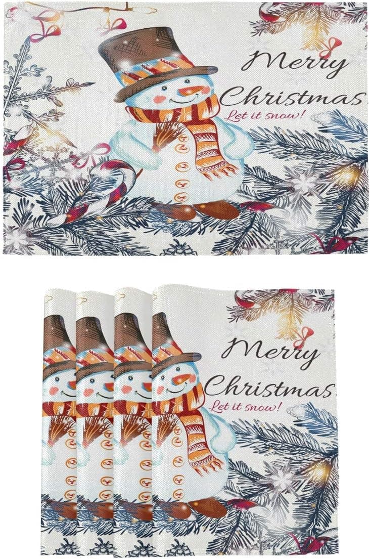 Oarencol Christmas Snowman Winter Xmas Tree Placemats Table Mats Set of 4, Heat-Resistant Washable Clean Kitchen Place Mats for Dining Table Decoration