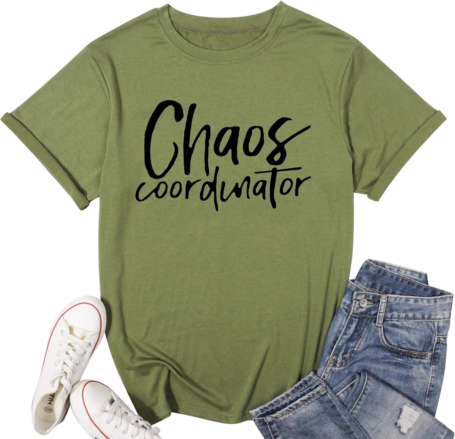 LUKYCILD Women Chaos Coordinator Tshirt Mom Teacher Shirt Letter Print Shirt Top Deep Green