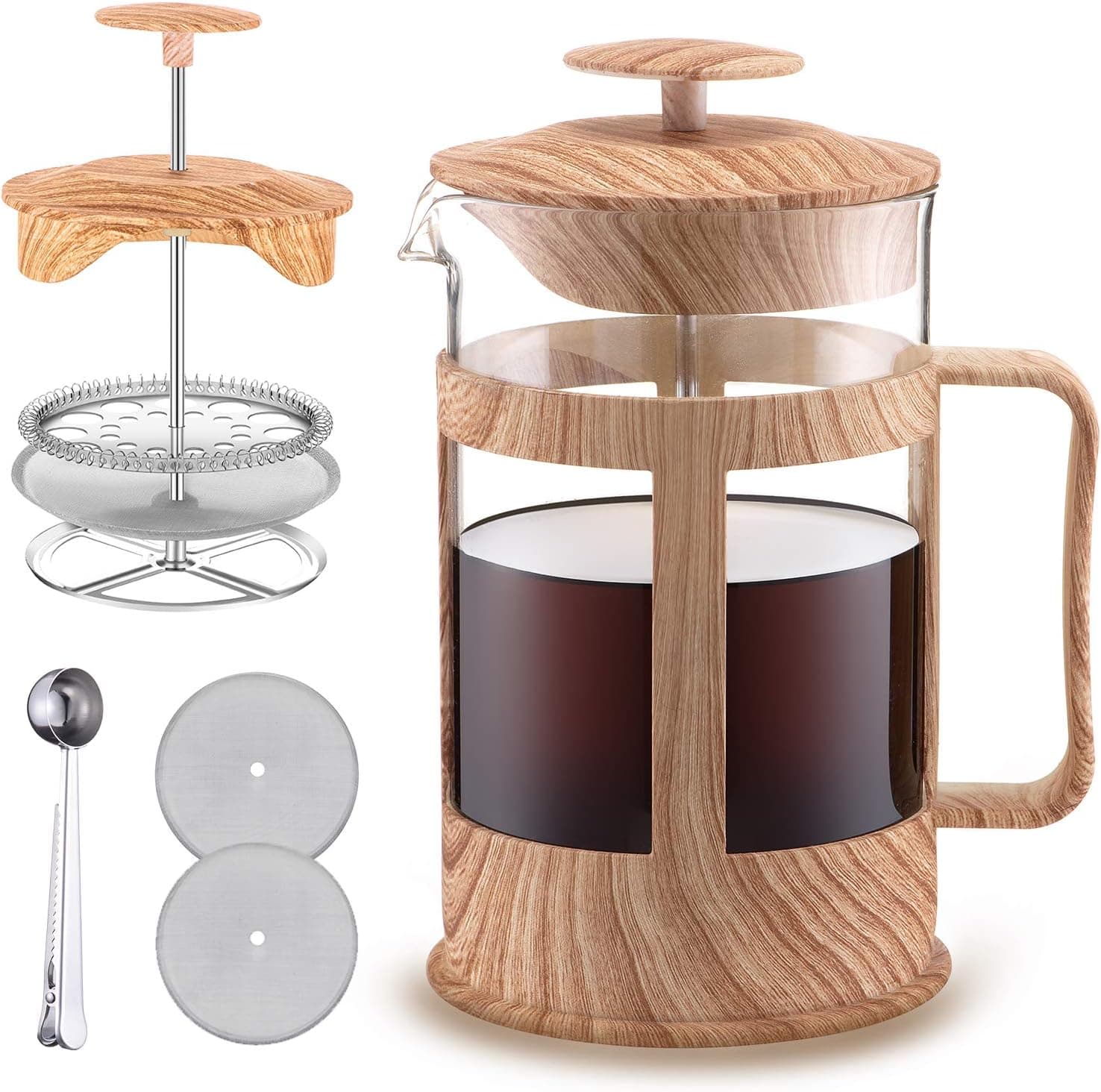 French Press Coffee Maker (27oz), Durable Coffee Press with Wood Grain and 2 Extra Screens, Easy to Clean Heat Resistant Borosilicate Glass, 100% BPA Free (Light Wood)