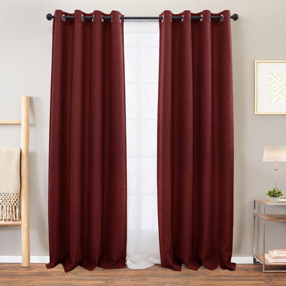 Vangao Moderate Blackout Linen Textured Curtains for Bedroom 95 inch Length Window Curtain Panels Living Room Darkening Drapes Window Treatment Set, 1 Pair, Burgundy Red