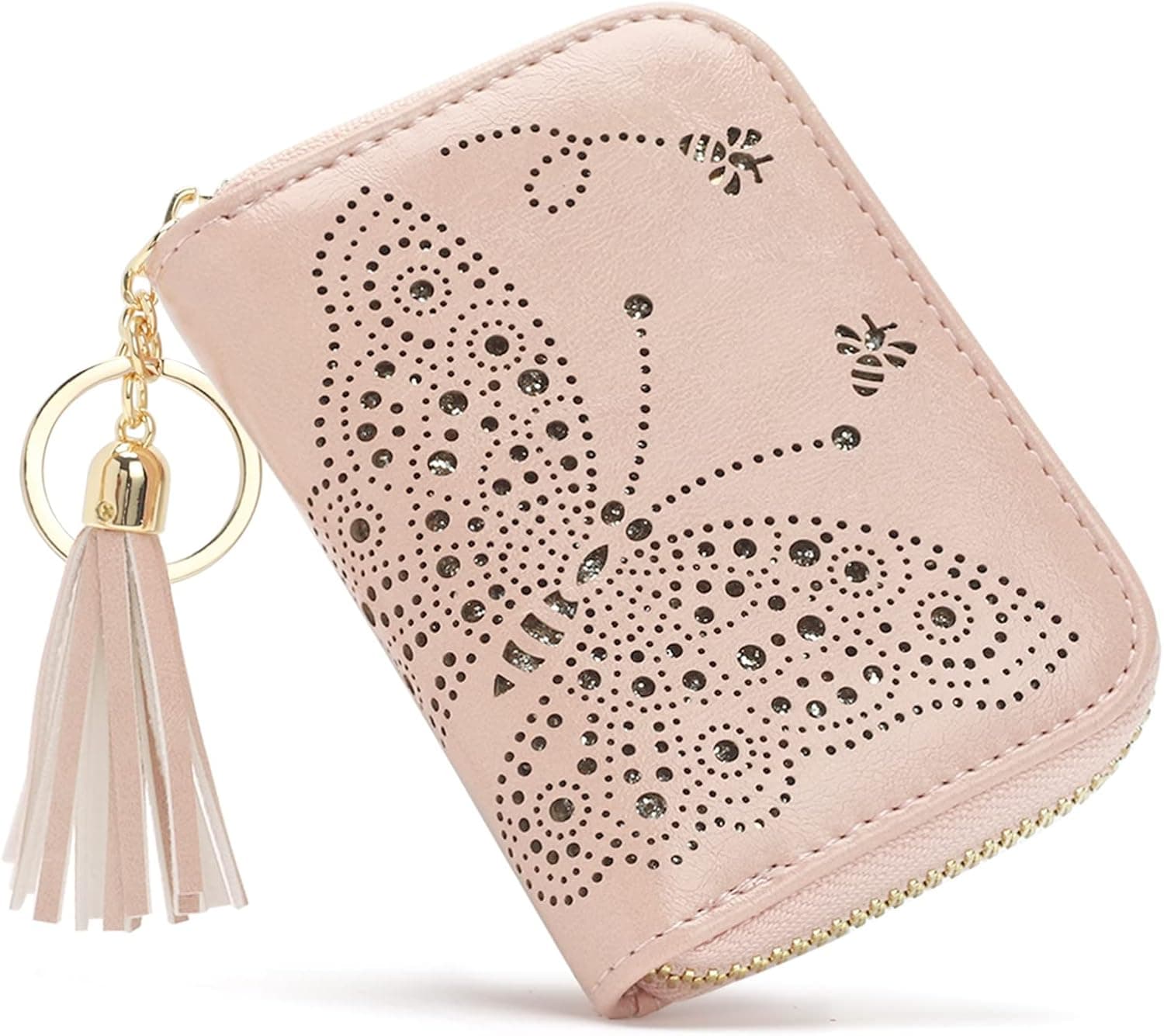 APHISON RFID Credit Card Holder Butterfly Purse Small Vegan-Leather Zipper Card Case Wallets for Women Glitter Cute Ladies Girls Coin Change with Keychain Pink