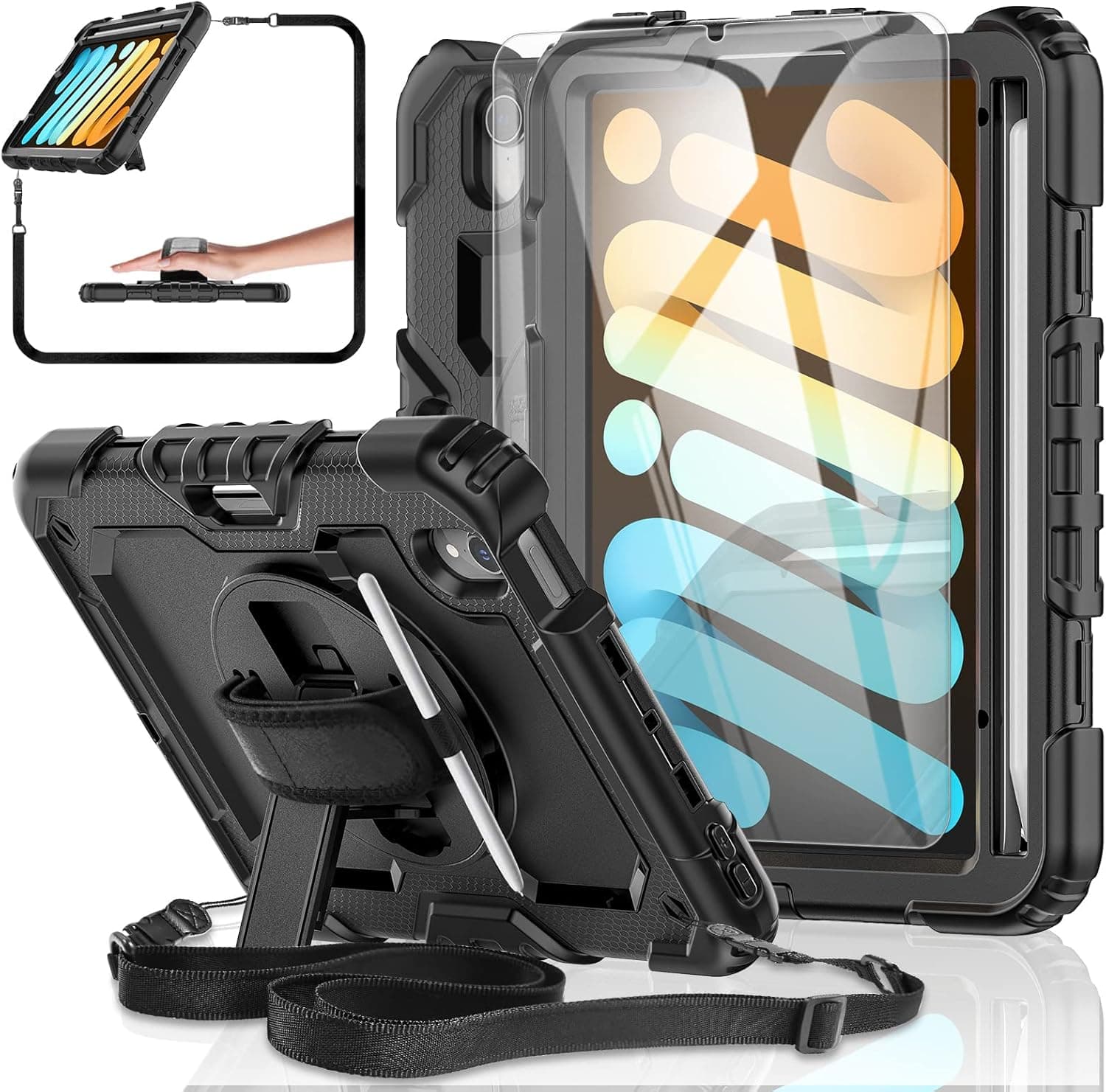 iPad Mini 6th Generation 8.3-inch Case 2021 [with Tempered Glass Screen Protector], BASE MALL Shockproof Tablet Protective Case with Pencil Holder, 360° Rotating Kickstand, Hand&Shoulder Strap (Black)