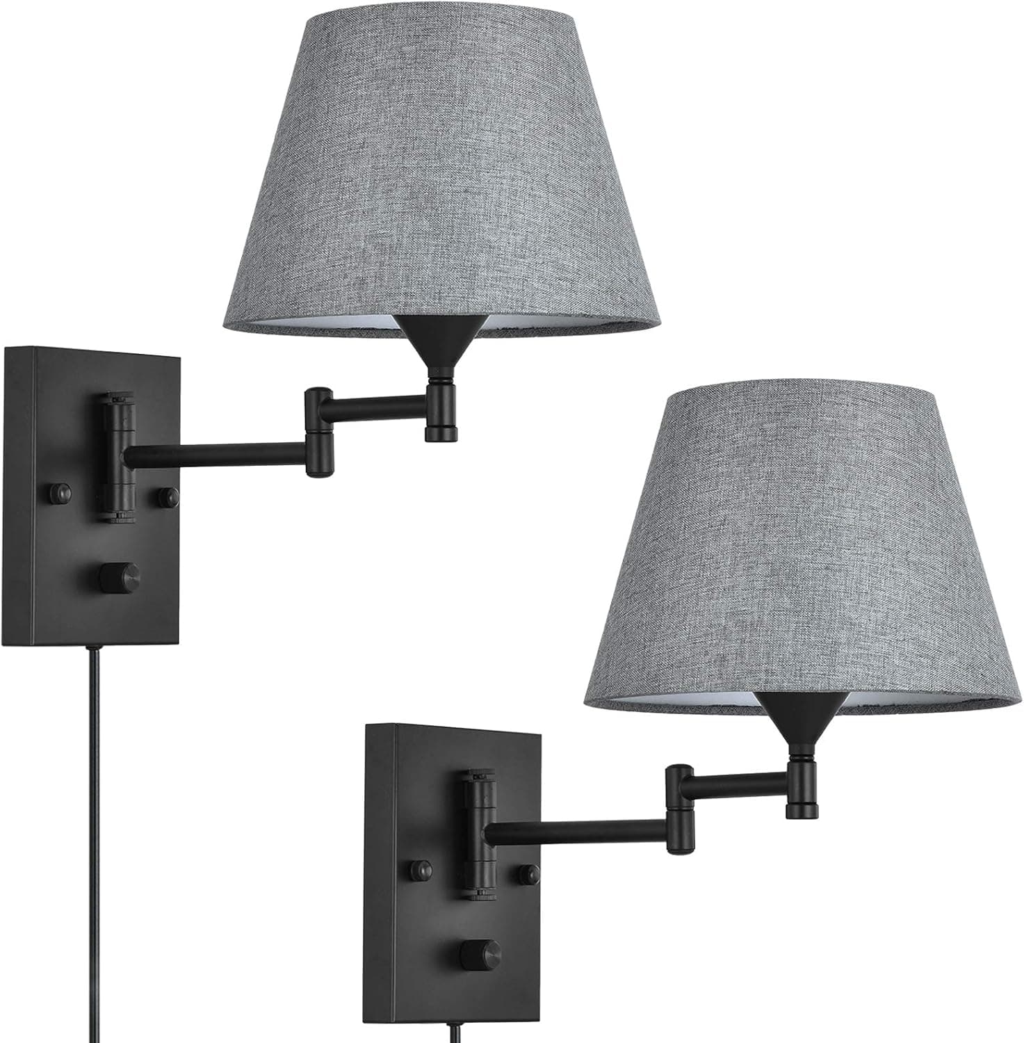 Pauwer Plug in Wall Sconce Set of 2 Swing Arm Wall Lamp with Plug in Cord and Grey Fabric Shade Wall Light Fixtures for Hallway Bedroom Living Room