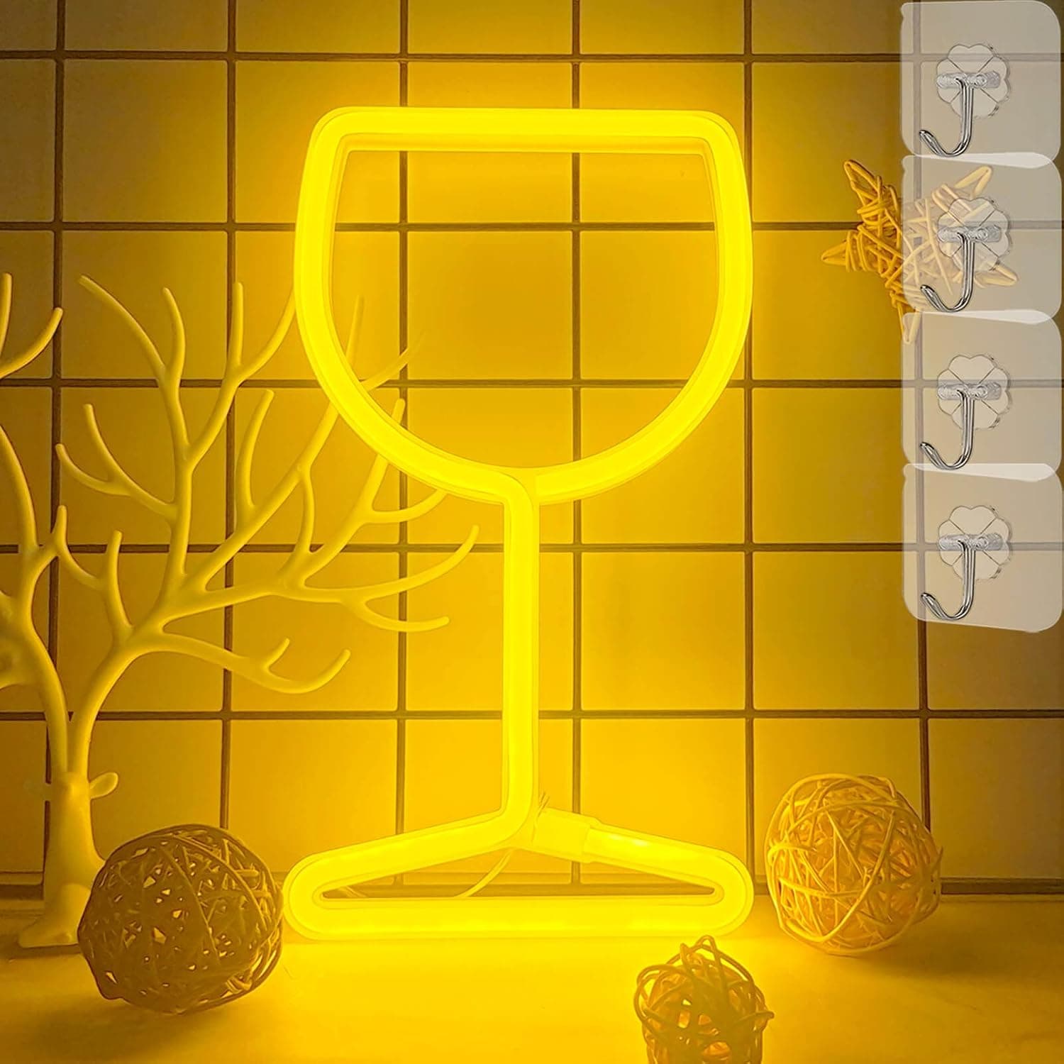 VIFULIN Wine Glass Neon Sign for Bedroom Led Neon Light Sign with 4 Hooks Battery or USB Powered Neon Light for Wall Decor Wine Glass Neon Light Night for Home Bar Beer Birthday Party(Warm White)