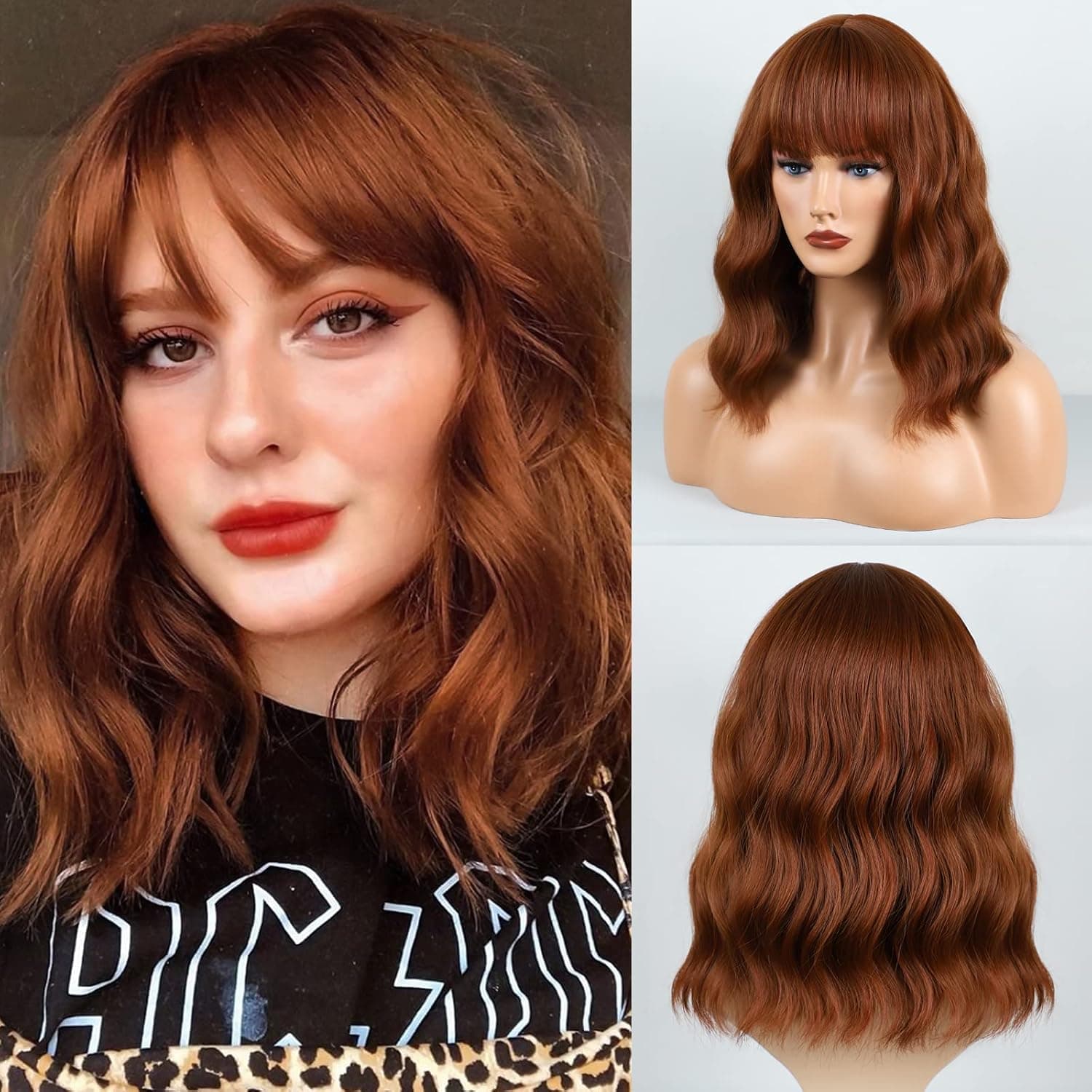 BOGSEA Auburn Wig with Bangs Short Auburn Wigs for Women Synthetic Wave Wig Heat Resistant Hair Short Bob Wigs for Everyday Party (Auburn)