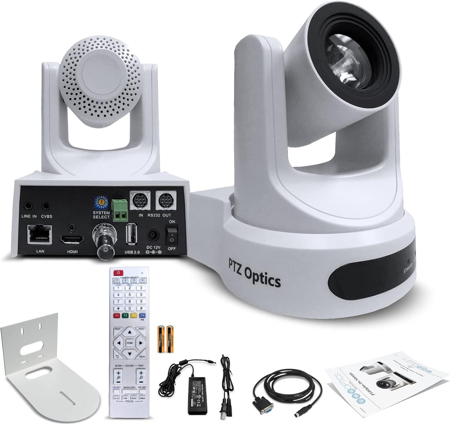PTZOptics 20x-SDI Gen2 Live Streaming Camera (White) (PT20X-SDI-WH-G2) + Universal Wall Mount Bracket (White) - Camera and Bracket Bundle