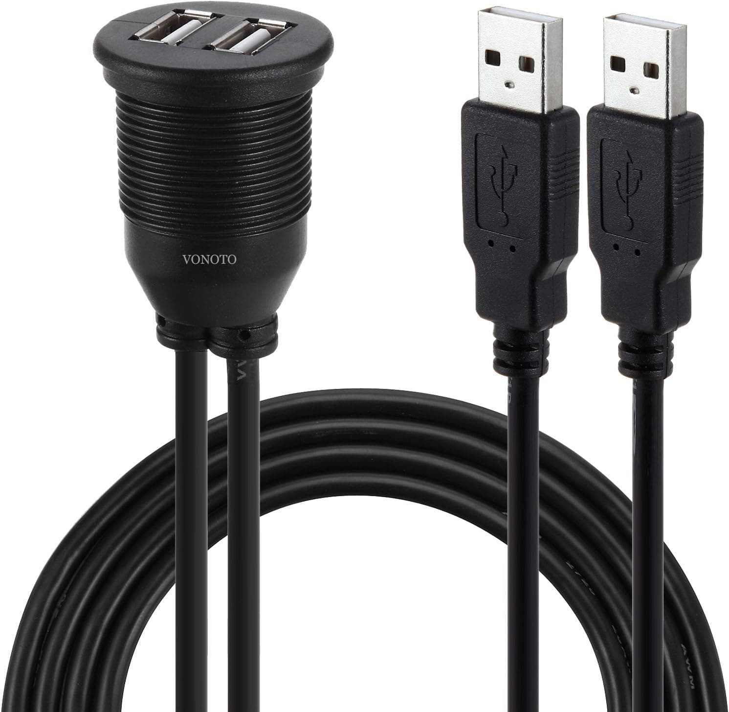 VONOTO 1M 3 Feet USBCBL 2 USB to 2 USB AUX Panel Flush Mount Dash Extension Cable with Dash Mounting Bracket for Car Motorcycle Boat Bike Trailer Dash or Other Surface