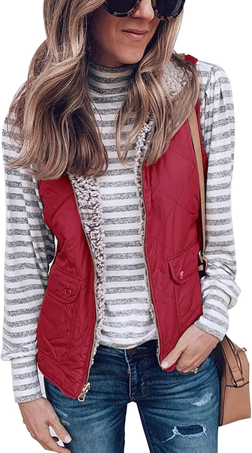 SENSERISE Womens Warm Sherpa Fleece Zip Up Reversible Vest Sleeveless Lightweight Jacket Outwear with Pockets(Red,M)