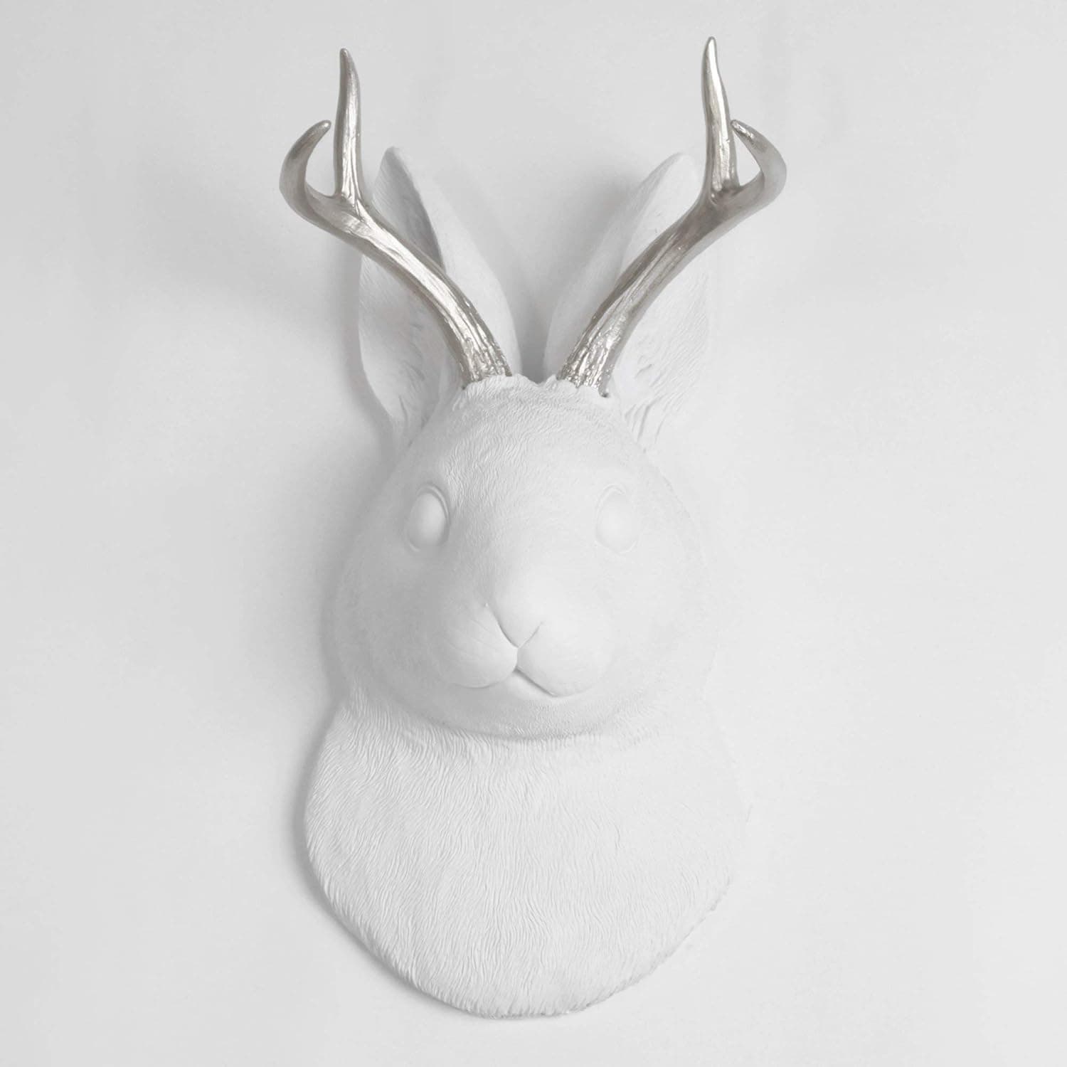 White Faux Taxidermy The Corduroy | White Faux Jackalope Head with Metallic Silver Antlers Wall Mount. Jackrabbit & Deer/Antelope