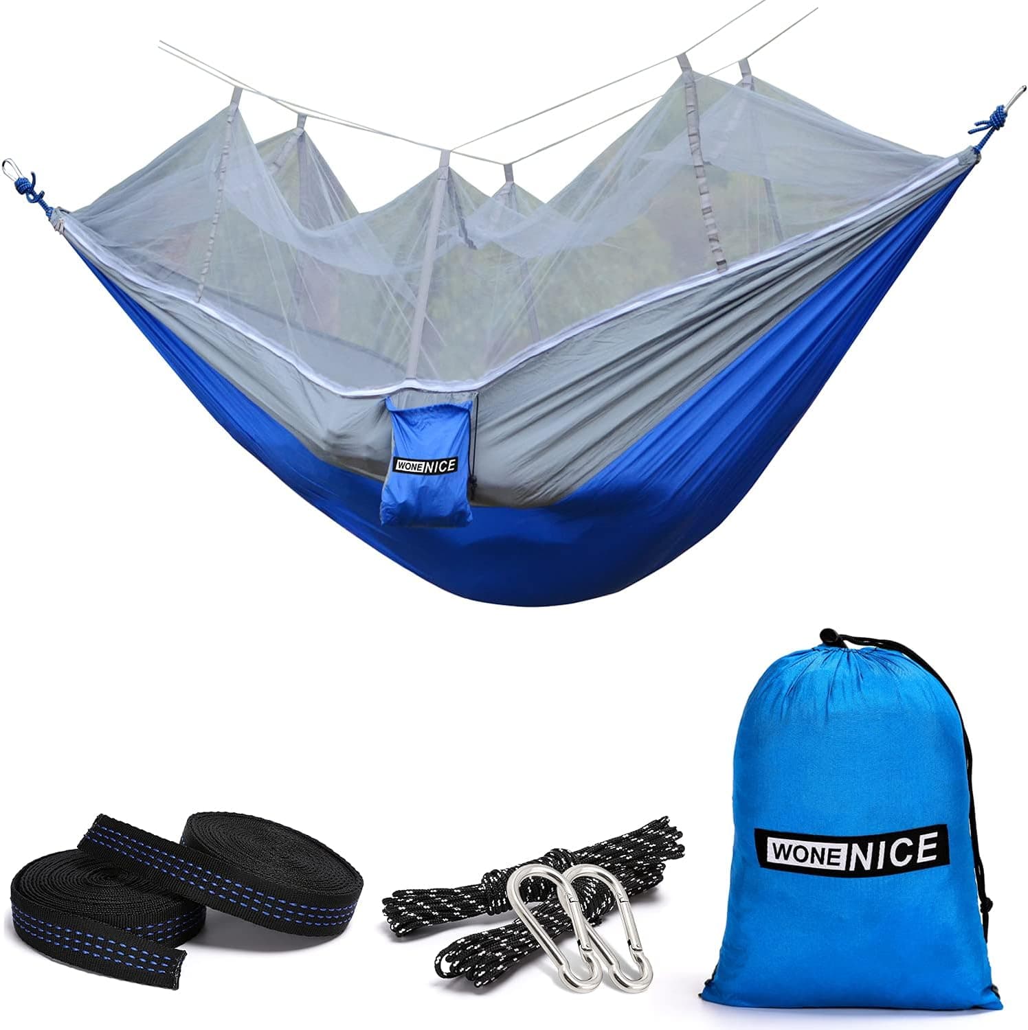 WoneNice Hammock with Mosquito Net, Portable Lightweight Nylon Parachute Multifunctional Hammock with Net and Tree Straps for Camping, Backpacking, Travel, Beach, Yard.
