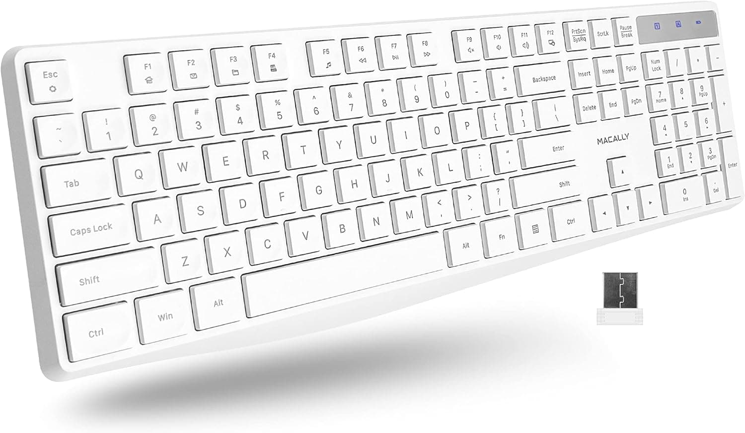 Macally 2.4G USB Wireless Keyboard for Laptop or Computer - Keep it Simple - Full Size Keyboard with Numeric Keypad & 13 Shortcut Keys - Plug and Play PC Keyboard Wireless - White Keyboard Cordless