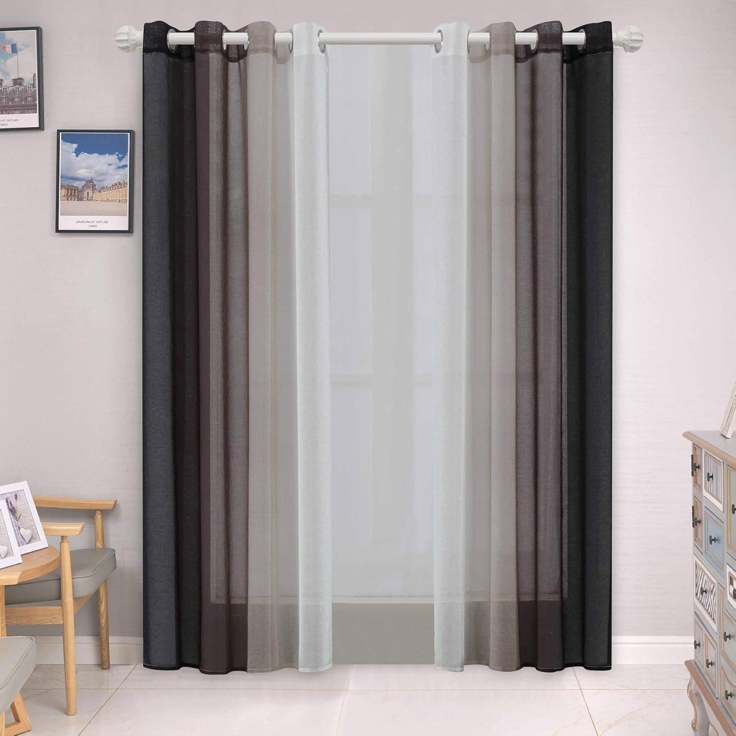 Sheer Curtains Set of 2 Panels Black Linear Gradient Sheer Curtain for Bedroom and Living Room Grommet Top Window Sheer Curtains (52 x 84, Black)