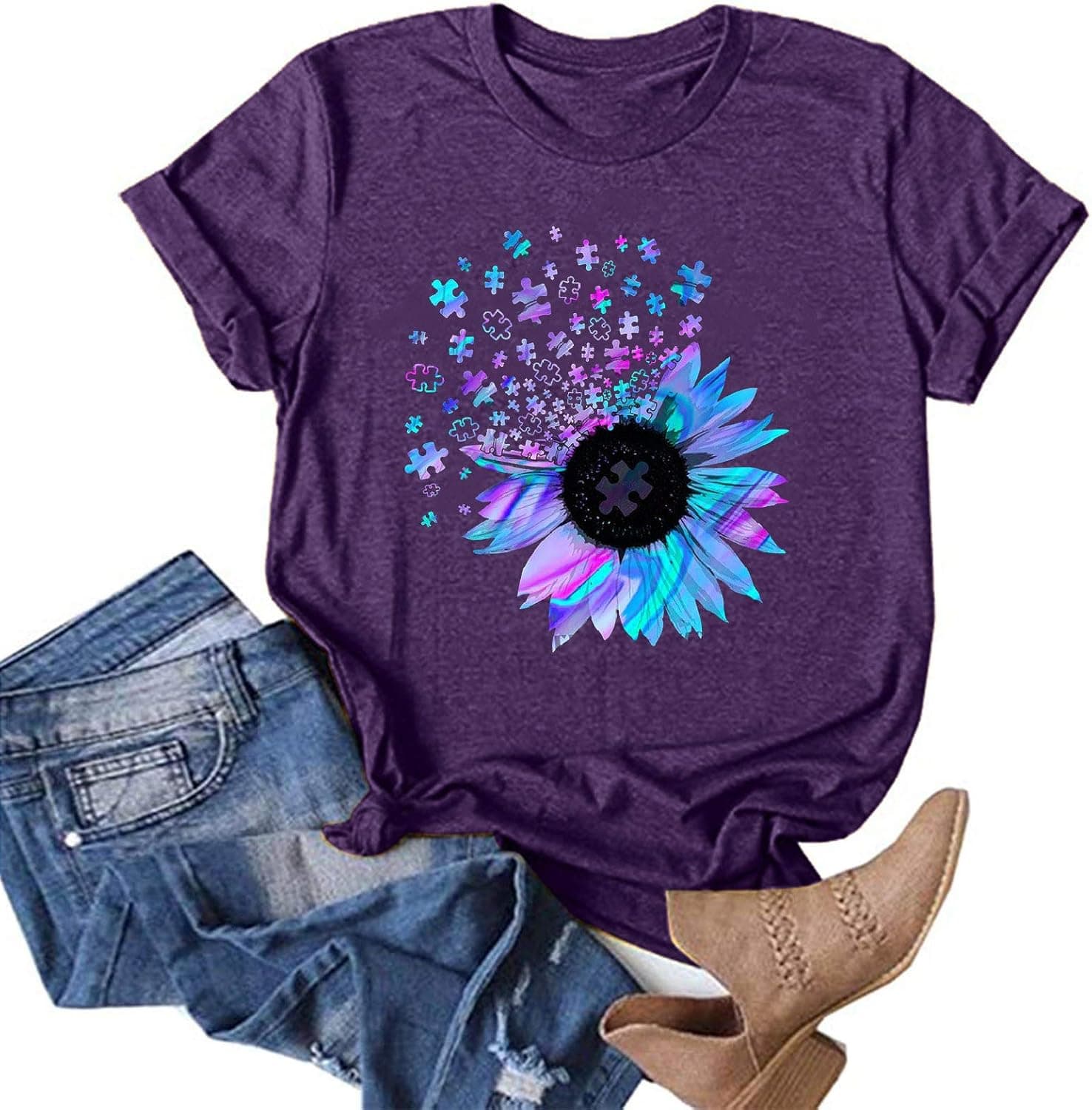 Hotkey Sunflower Tops for Women Fashion Print Cozy Tops Shirts Casual Short Sleeve Round Neck Tunic Blouse Tees