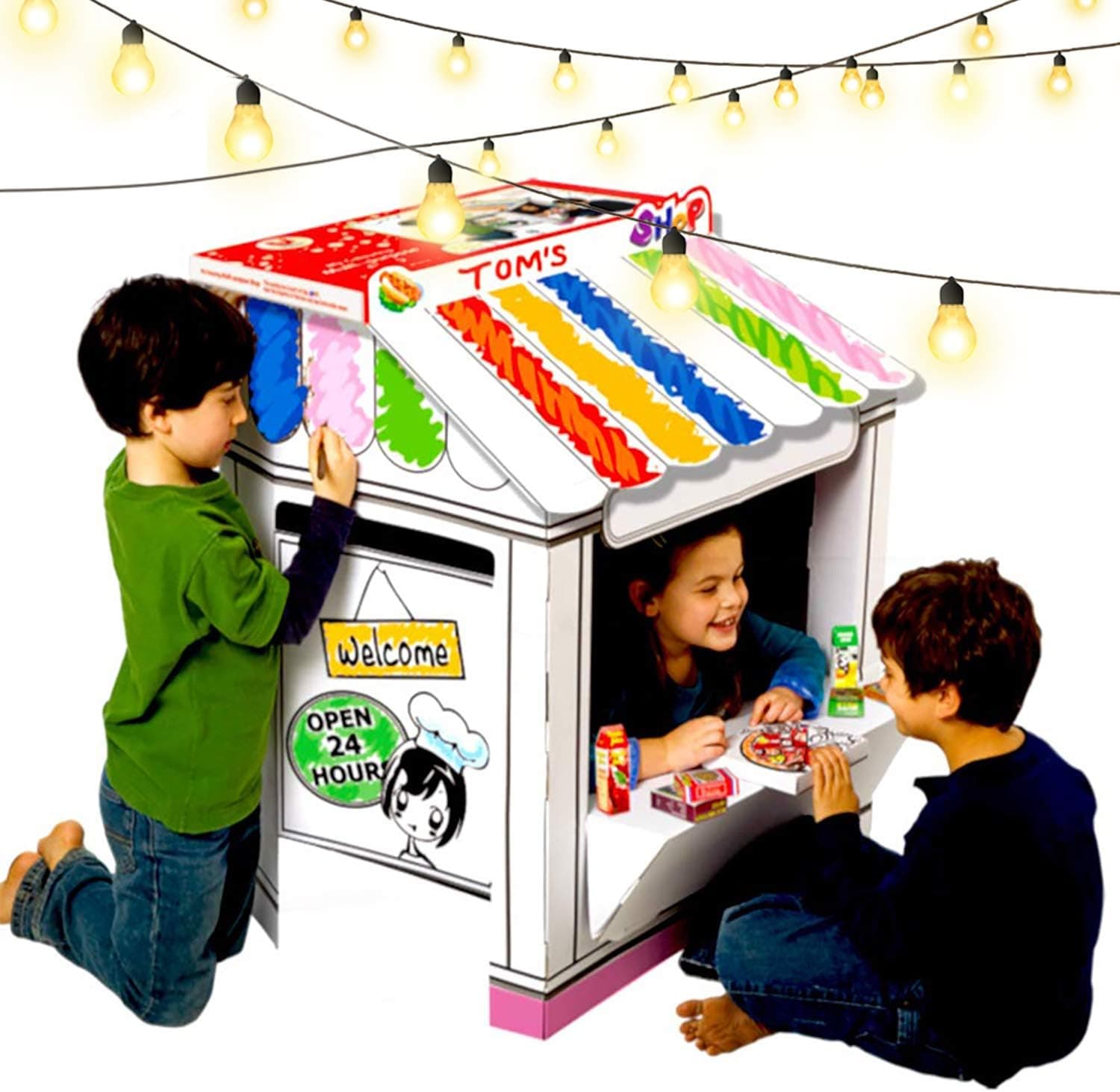 UC Global Trade Inc Shop Playhouse for Creative Coloring & - Cardboard House for Kids and Additional Sticker Decorations & 3D Puzzle Coloring Castle for Kids and Adults Educational DIY Build (Shop)