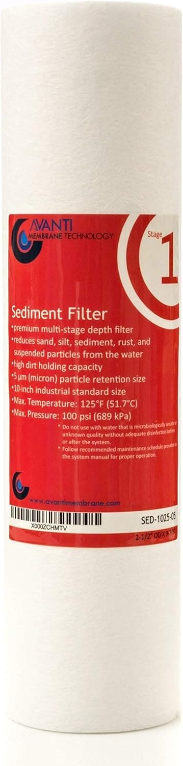 Avanti Membrane Technology Stage 1 Sediment Filter for under-sink RO filtration drinking water system - 5 micron, 10 inch, 2.5" OD X 9-7/8" L - SED-1025-05 (Pack of 1)