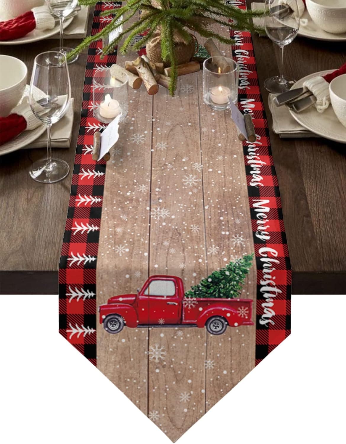 Z&L Home Linen Burlap Table Runner Dresser Scarves,Retro Red Truck and Christmas Tree Table Runners for Dinner Holiday Party, Christmas Eve, Kitchen Dining Decor Farmhouse Wood Grain 13x120in
