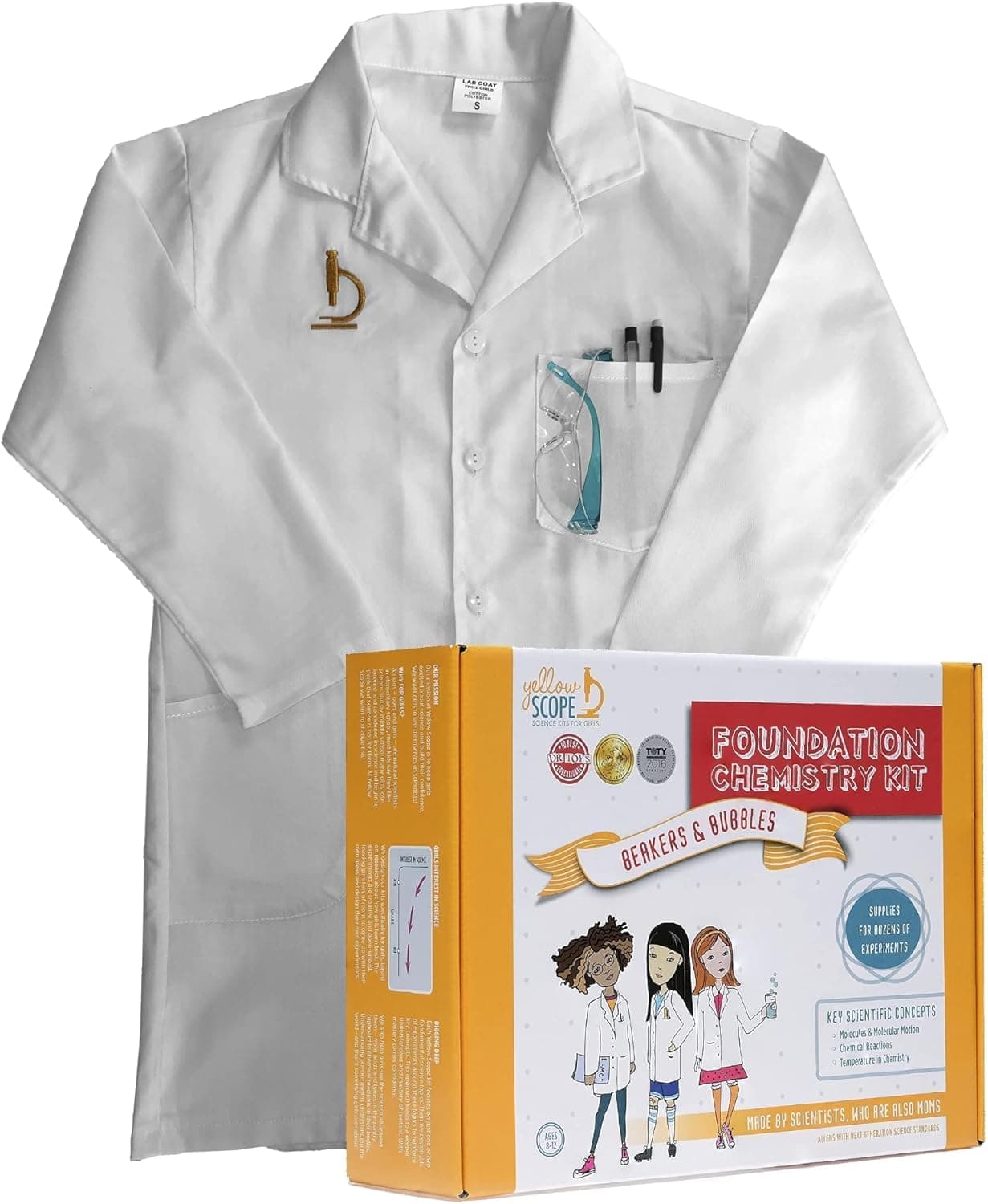 Yellow Scope | Foundation Chemistry Kit: Fun & Educational Science/STEM Experiments for Kids and Kids' Lab Coat (Small - Clothing Size 8) Bundle
