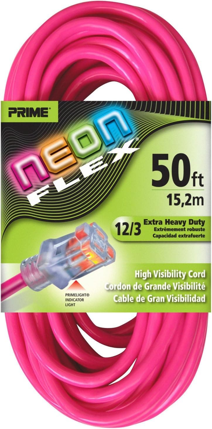 Prime Wire & Cable NS513830 50-Foot 12/3 SJTW Flex High Visibility Extra Heavy Duty Outdoor Extension Cord with Primelight Indicator Light, Neon Pink