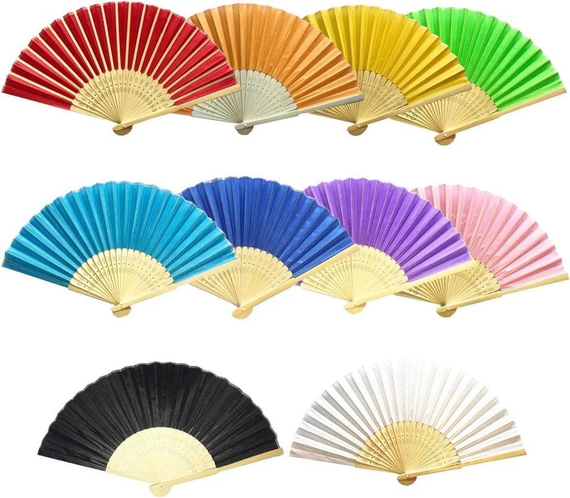 AMBOR 10 Packs Multicolor Bamboo Silk Fabric Folding Fan Handheld Fan Folding Fan Folded Fan for Wedding Party DIY Decoration