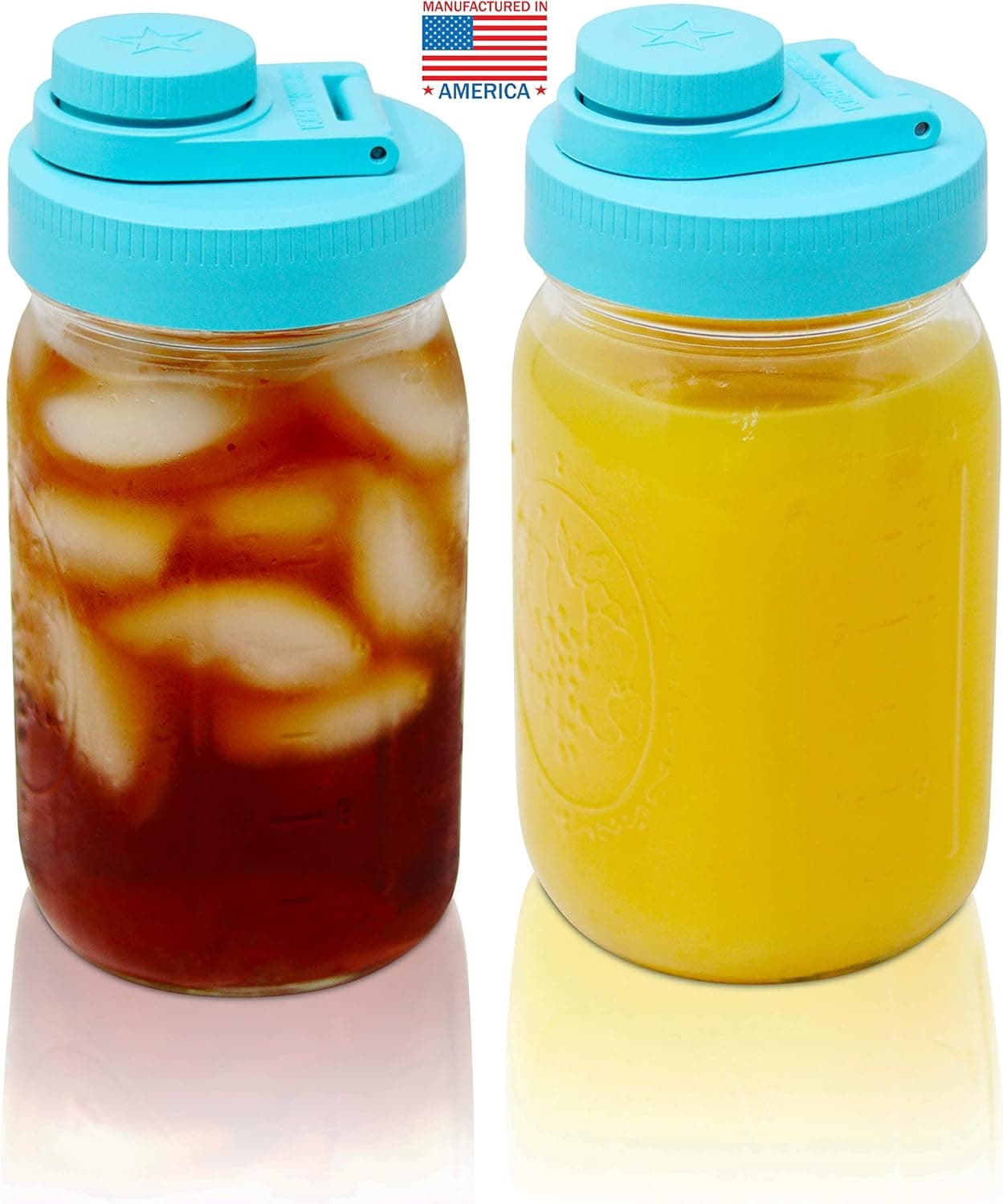 Brewing America Glass Mason Jar Pitcher with Lid - Ball Jars, 1 Quart (32 oz) with Teal Wide Mouth Mason Jar Pour Lid, for Smoothie, Boba Cup, Breast Milk Storage, Cold Coffee Glass Tumbler, 2-Pack