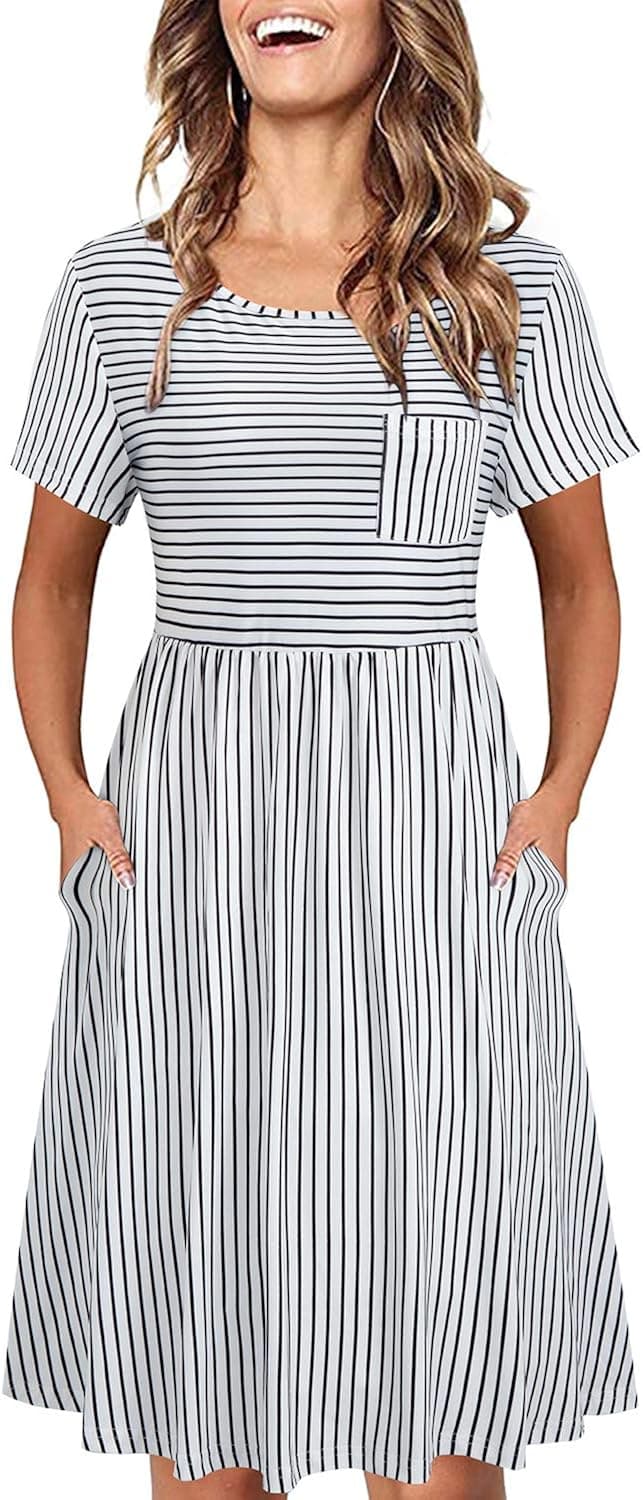 KILIG Women Summer Short Sleeve Round Neck Casual Striped T Shirt Midi Dress with Pockets(A-Black White,Medium)
