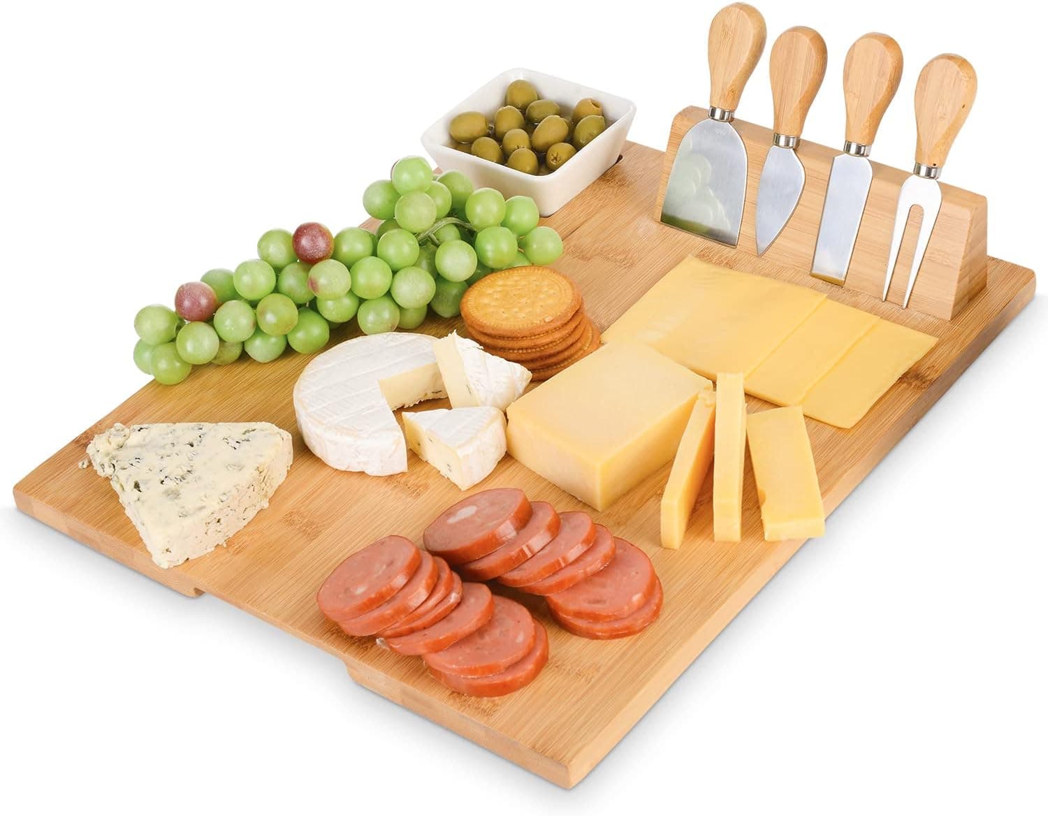 Esup Bamboo Cheese Board Set Cheese Plate (Upgrade Type 16" x 13") With 4 Specialist Cheese Knives Set and Ceramic Dish