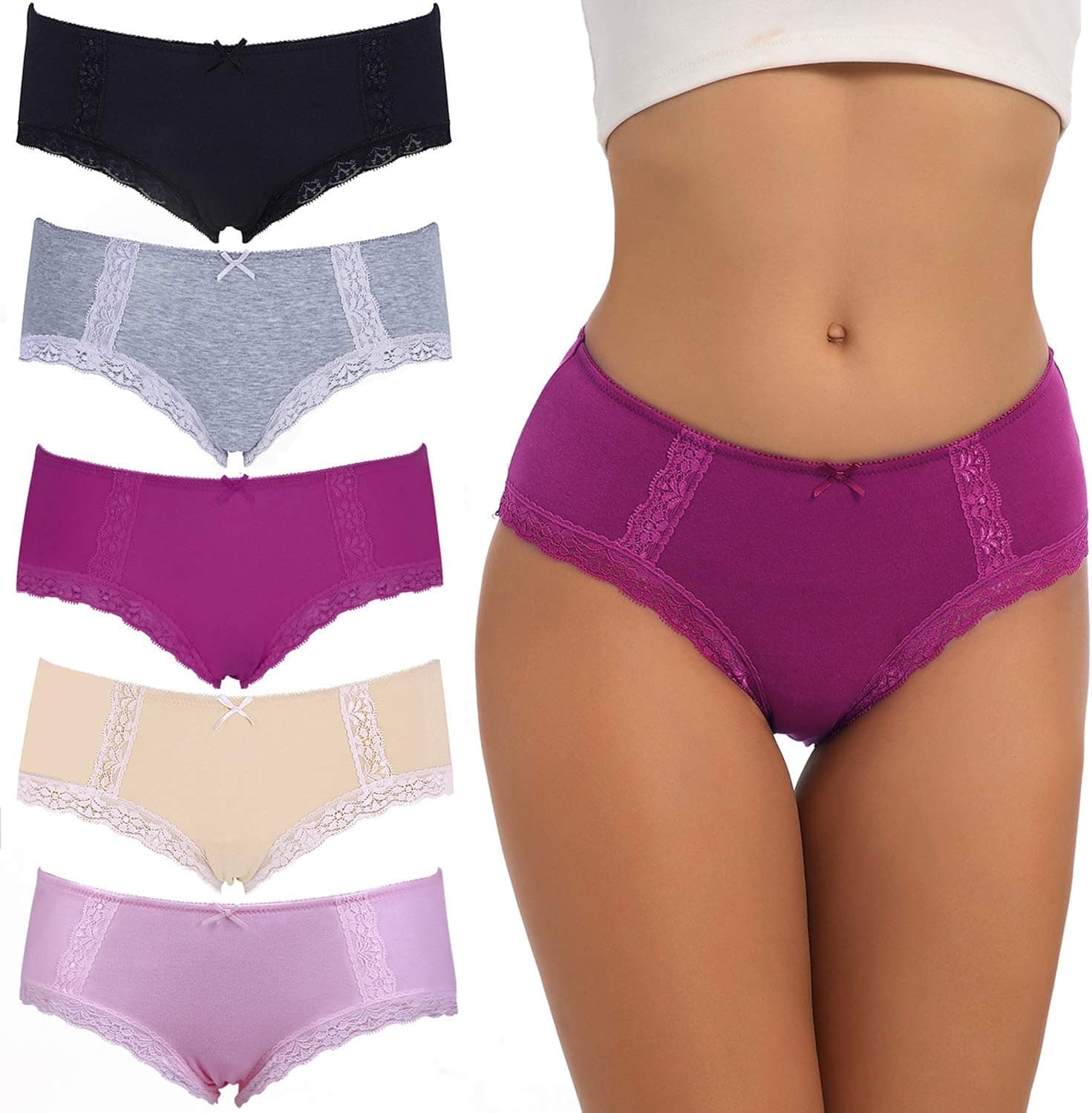 VEENXTHA Womens Underwear Panties Cotton Brief Lace Breathable Stretch Medium Waist Pack of 5 (Color E,2XLarge)