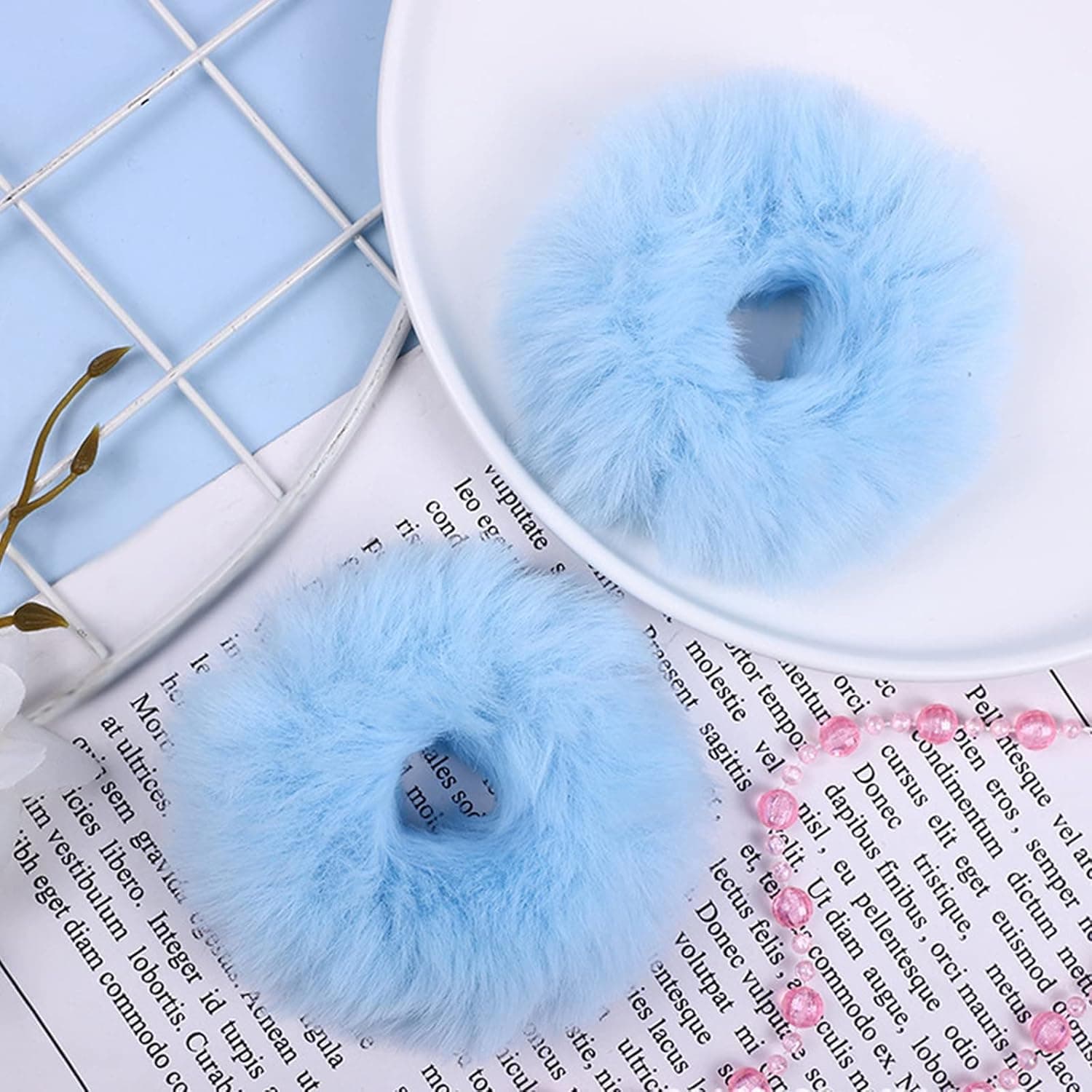 2 PCS Furry Hair Scrunchies Cute Hair Bands with Faux Rabbit Fur Elastic Hair Ties Hair Bobbles Ponytail Holders Girls Women Hair Accessories (Blue)