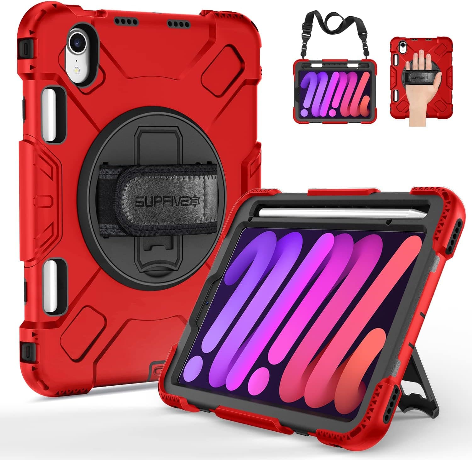 Case for iPad Mini 6 2021: SUPFIVES iPad Mini 6th Generation Case 8.3 Inch Military Grade Shockproof Protector Silicone Cover with Pencil Holder - Kickstand - Handle - Shoulder Strap - Red