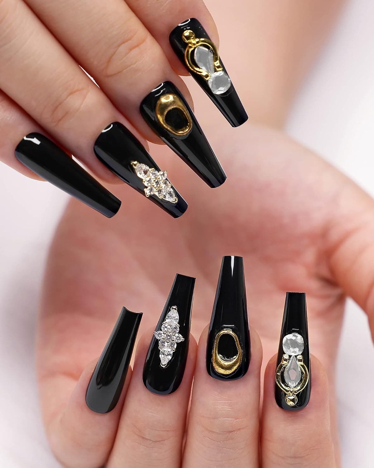 morily 24Pcs Black Press on Nails Extra Long Coffin Fake Nails with Gold Studs Rhinestones Design Glossy False Nail Tips Luxury Acrylic Ballerina Stick on Fingernail for Women and Girls (Luxury Black)