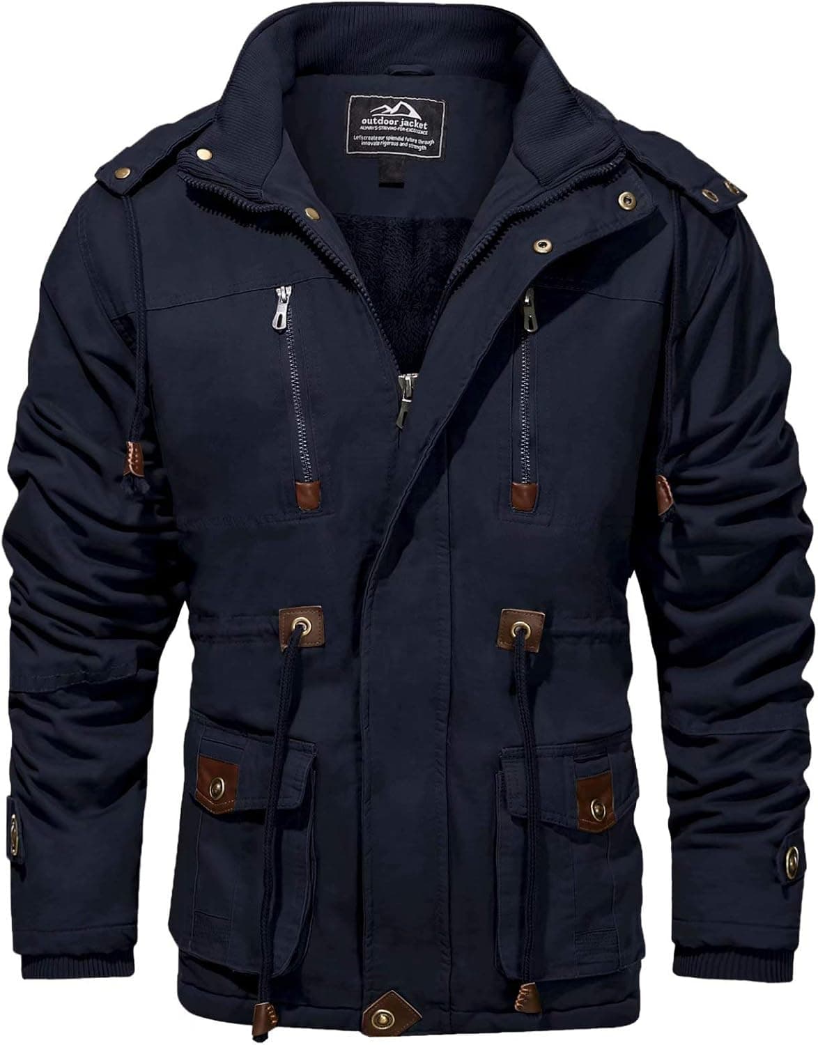 MAGCOMSEN Men's Winter Cargo Work Jacket Fleece Lined Thicken Military Jacket with Removable Hood