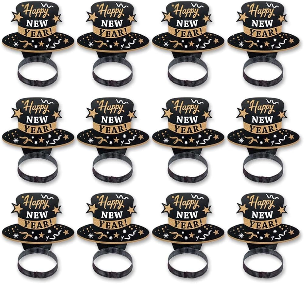 WEEPA 12PCS New Year's Eve Party Supplies Party Decorations 2023 New Year Eve Hats HAPPY NEW YEAR Headbands Paper Black Tiara With Gold Glitter Headbands Kit for Kids Adults