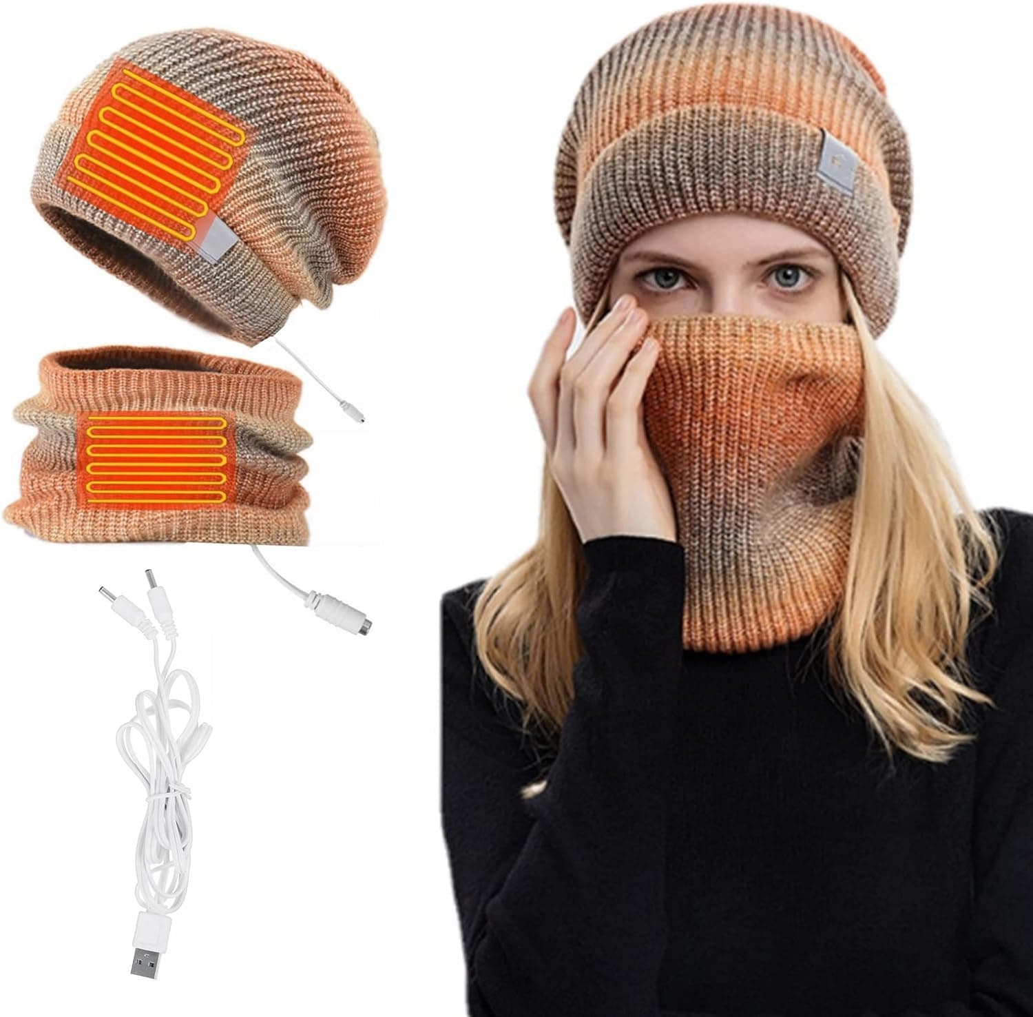 USB Heated Scarf Heated Hat Set Winter Hats for Women Electric Neck Warmer Heated Beanie Hat Knit Warm Hats for Women